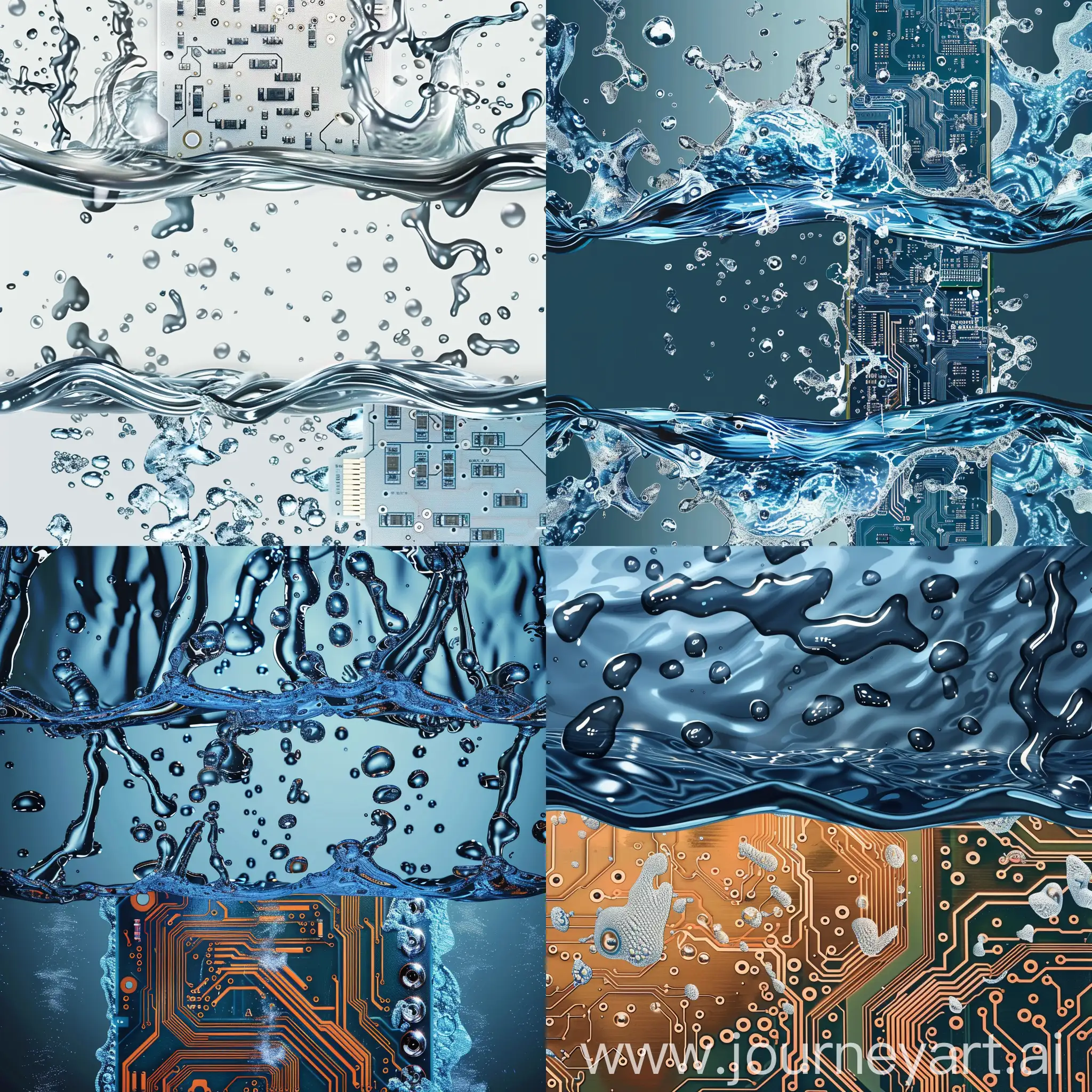 Generate a poster image of circuit board washing water with realistic texture. The poster content shows a circuit board placed horizontally and being washed with circuit board washing water, with water wave elements.