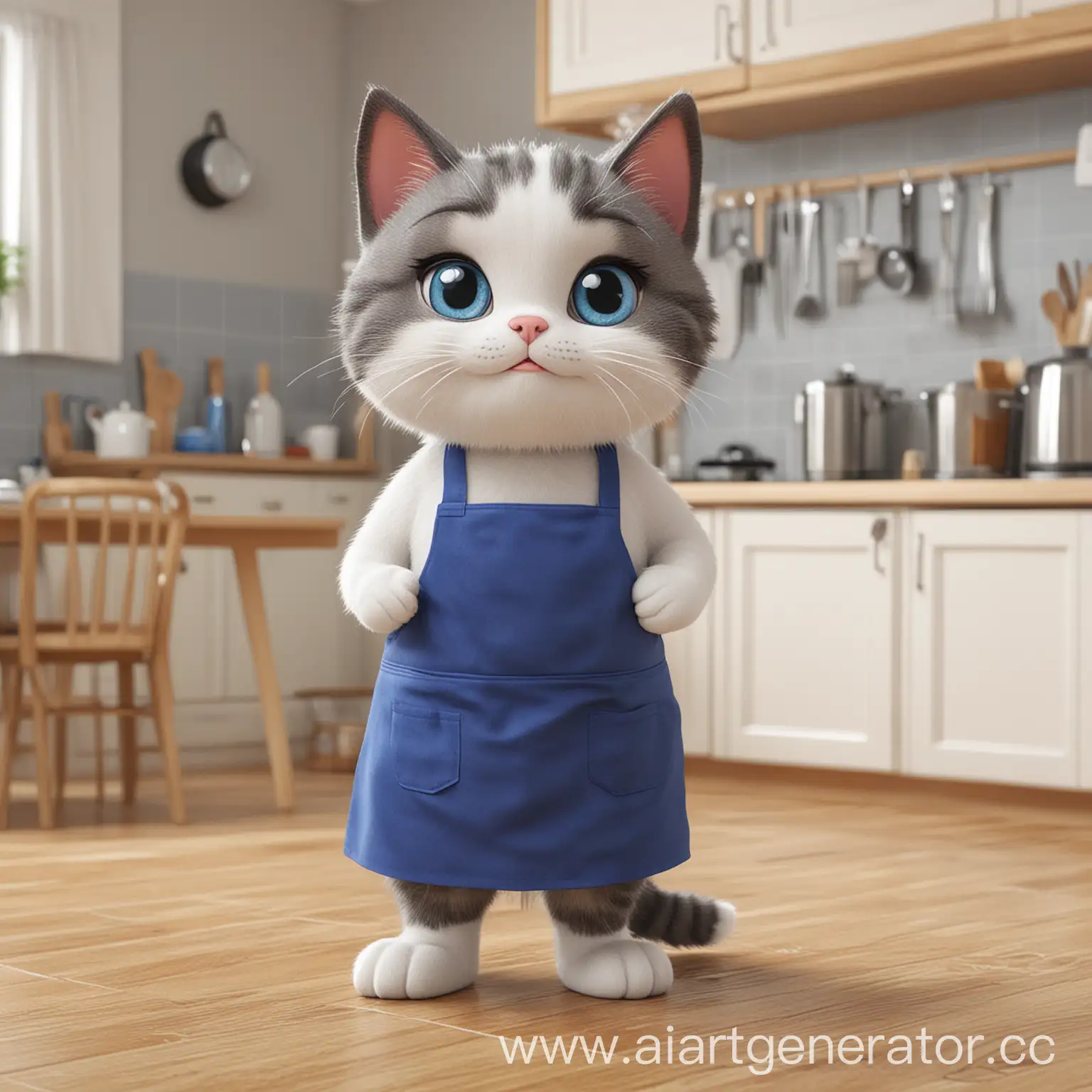 3D家政卡通猫，要胖，可爱带着蓝色围裙，手上拿着抹布，打扫卫生，以厨房为背景

