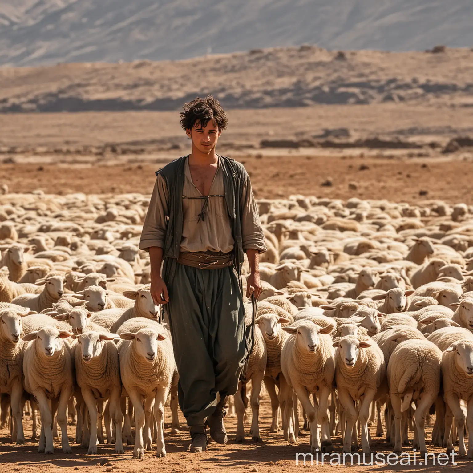 Young Shepherd with Flock of Sheep in Desert Landscape