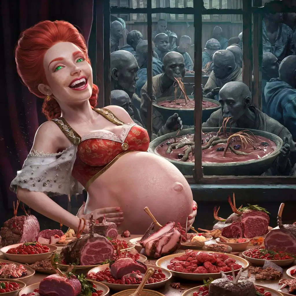 A redhead goddess russian women with a giant belly pregnant laughting hard sweating and green eyes and eating a giant diner on a massive long table full giant meat exquise food gourmet on a giant window, downside the windows a overcrowded poor very skinny men's on floor screaming crying and eating a liquid mud with worms bones and squeleton, unity 3d render, ultra realist.