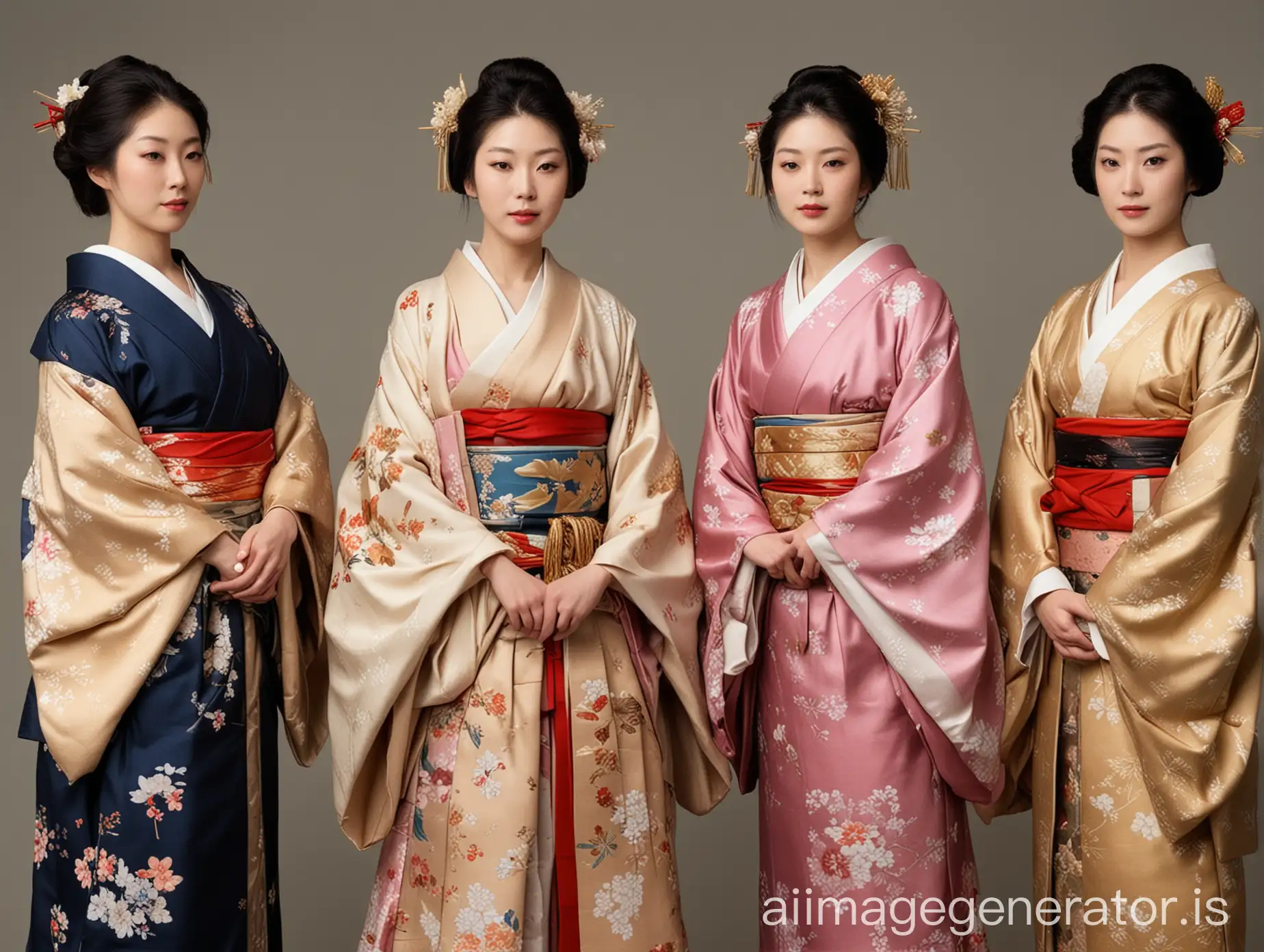 Beautiful, Medieval Era Japanese Noblewoman Group With Shoulderless Kimonos, And Enticing Necklines