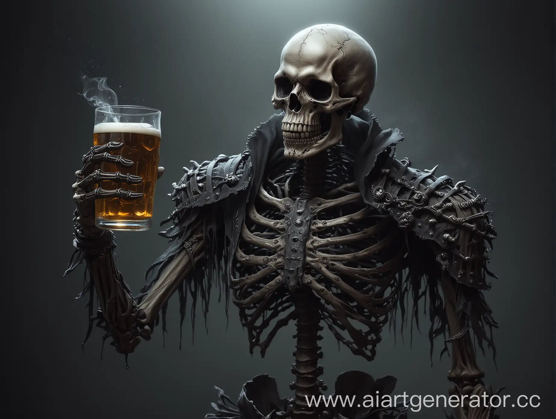 Крутой скелет в стиле dark fantasy с пивом в руке
