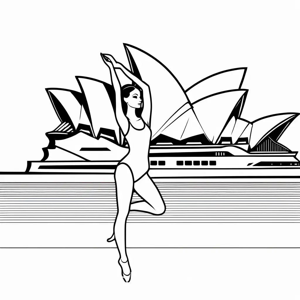 Physie-Girl-Posing-in-Arabesque-at-Sydney-Opera-House-Coloring-Page