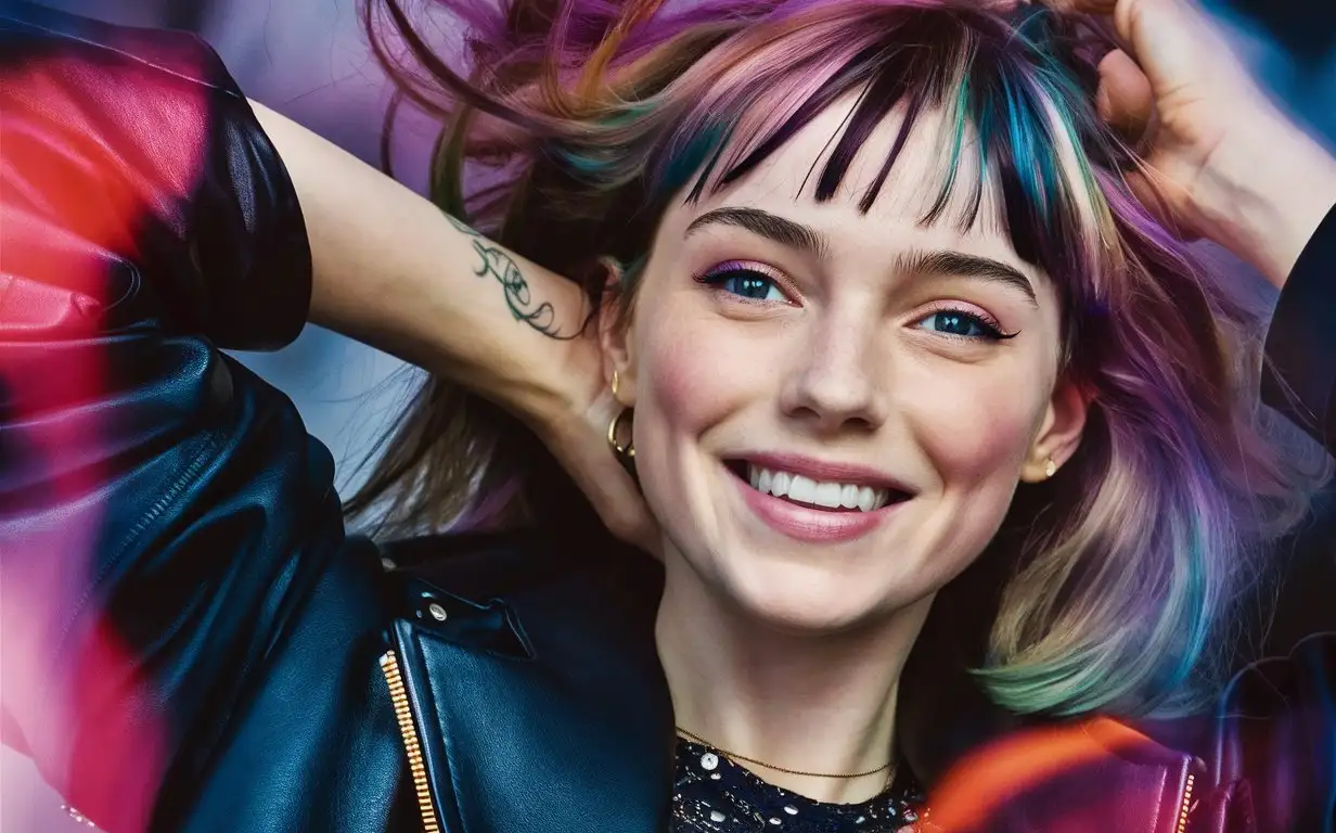 A closeup of young Emma Stone, makeup， ((18 yo))，slim face, with a multicolored hair ,, taken with a Fujifilm X-T40, smiling, leather jacket, with tattoo,full body, with high detail and high resolution photography, photographed in the style of Wong Kar-wai