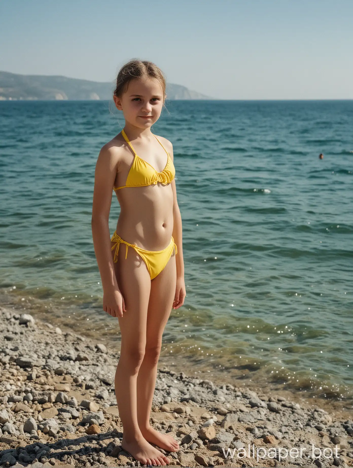 Крым, вид на море, девочка 12 лет в жёлтом купальнике, в полный рост, бикини