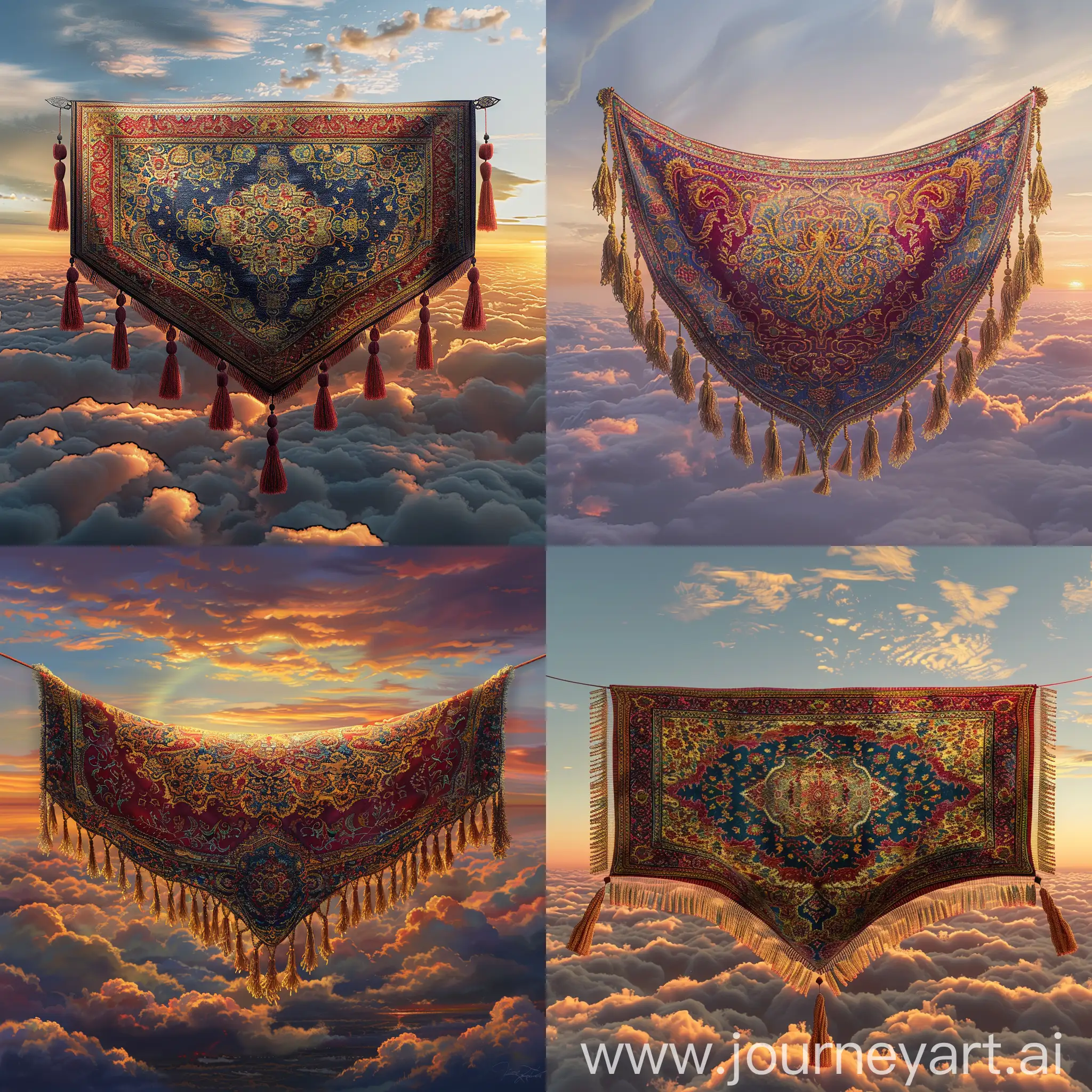 In a mystical setting, a vibrant flying carpet soars through the sky. The carpet is intricately woven with rich, ornate patterns in deep reds, golds, and blues, creating an exotic and enchanting appearance. The tassels on its edges flutter in the wind as it glides effortlessly above the clouds, offering a breathtaking view of the world below. The sky is a mesmerizing gradient of twilight hues, with the sun setting in the distance, casting a warm, golden glow over the scene. The sense of magic and adventure is palpable, as the carpet seems to promise endless journeys and wondrous discoveries.