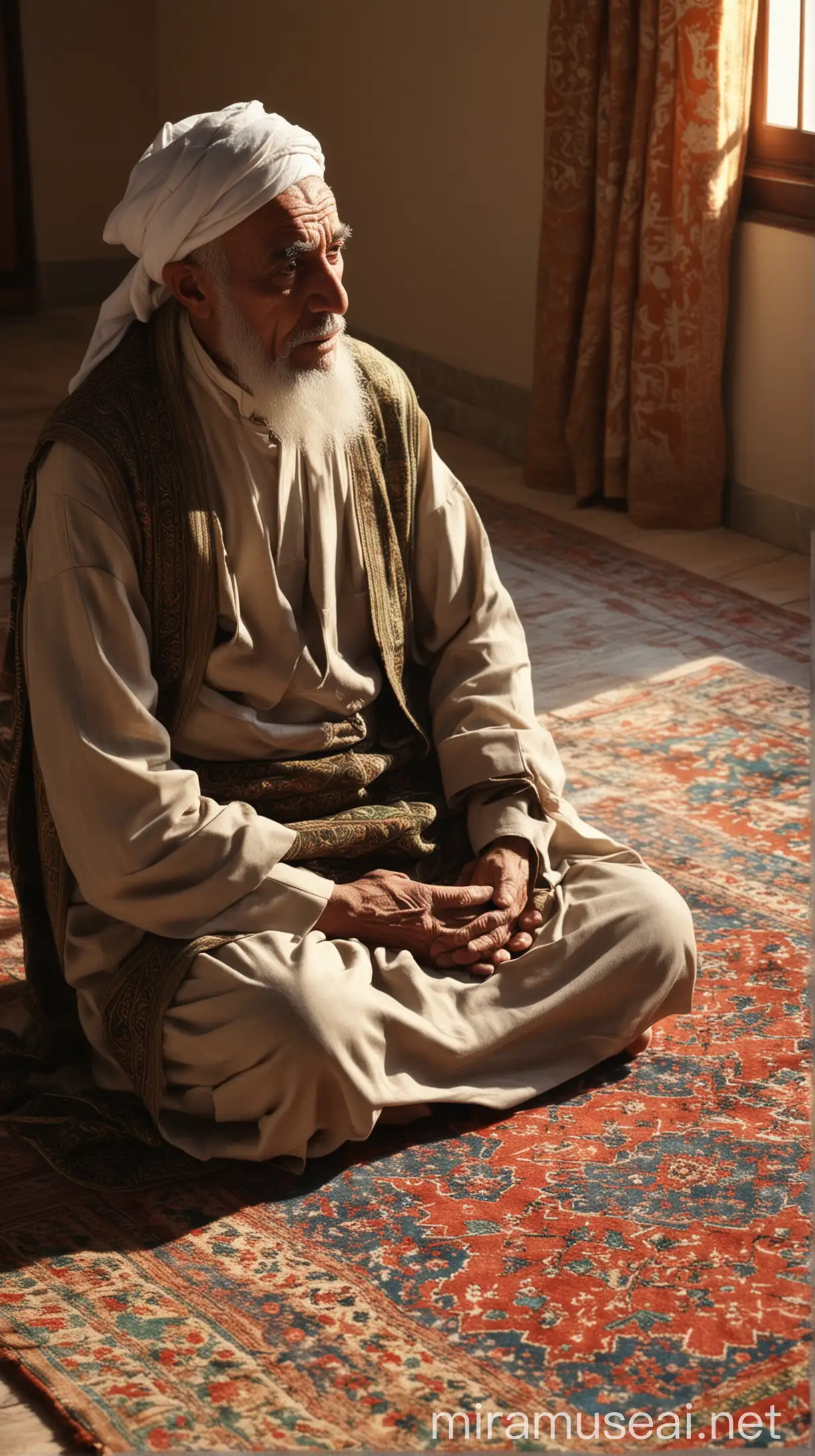 : Prophet Muhammad (SAW) Counsels Abdullah ibn Abbas
Description: An elderly Prophet Muhammad (SAW) with a kind expression sits on a prayer rug, offering solace to a young, anxious Abdullah ibn Abbas. Soft sunlight streams through a window, illuminating the peaceful scene. with islamic tradition and HD and 4K