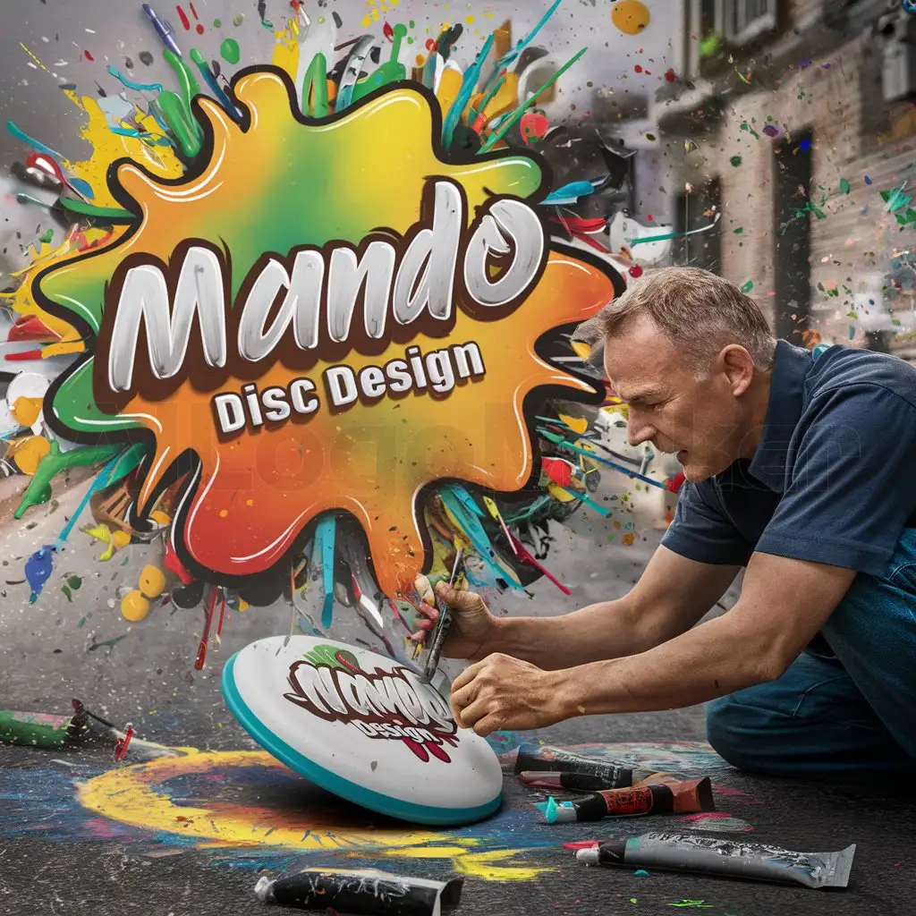 a logo design,with the text "Mando disc design", main symbol:Bright splashy colors, edgy cool and friendly graffiti style design and text, a middle-aged Caucasian graffiti artist making art in the streets, the artist's hands squeeze paint from tubes to paint a Frisbee laying at an angle on the surface. A street art scene of frenzied paint flying and splattering everywhere, chaotic, dynamic, exciting.,Moderate,be used in Entertainment industry,clear background