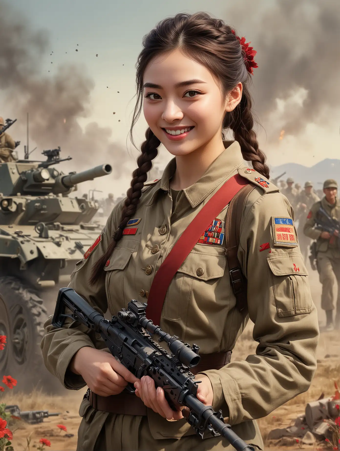 Create an illustration of Jing Tian , approximately 20 years old, with a bright smile on her face. She has long dark brown hair tied back in a loose braid. Her eyes are full of warmth and enthusiasm, colored in a warm shade of brown. Despite being in wartime, she is wearing a tidy military uniform, adorned with feminine touches like flower embellishments on her belt. She wears a red sash over her shoulder as an identifier. While she holds a machine gun in a ready stance, there is a sense of cheerfulness and hope emanating from her facial expression. The background depicts a busy battlefield scene, with combat vehicles and other soldiers in action behind her, but the focus remains on the cheerful presence of this character amidst the chaos of war.
