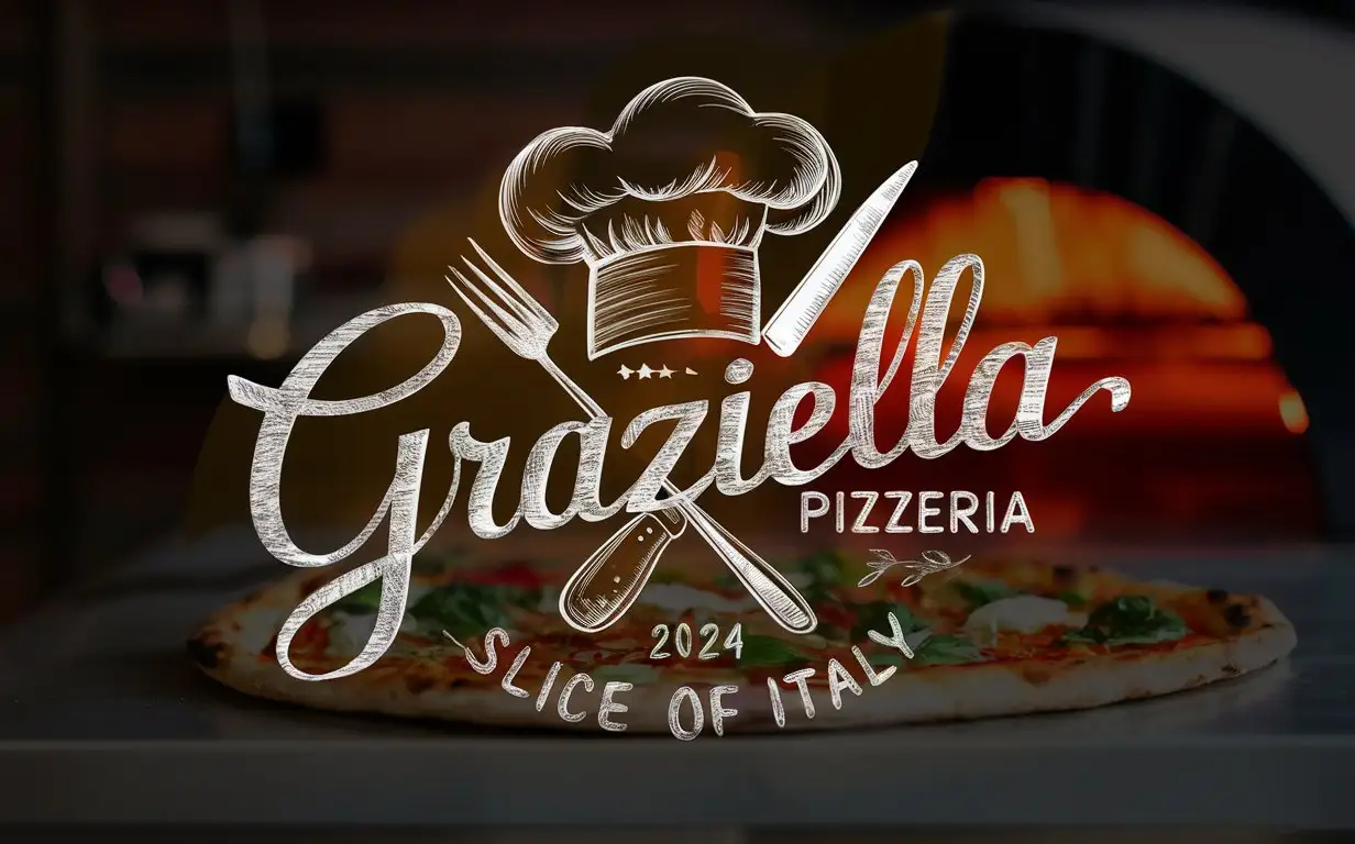 Handwriting Graziella Pizzeria logo, Italian colors ,Sketched chef's Hat, crossed fork and knife sketched, Slogan, Slice of Italy, EST 2024, Pizza Oven, Detailed