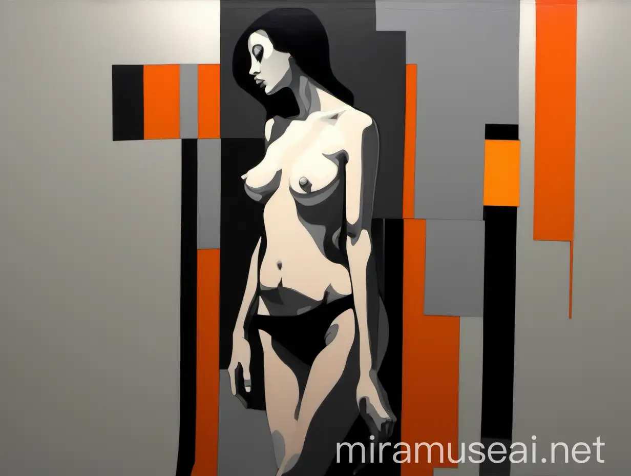 абстракционизм, женщина, голая грудь, зеркало, ноги, чёрный, серый, оранжевый