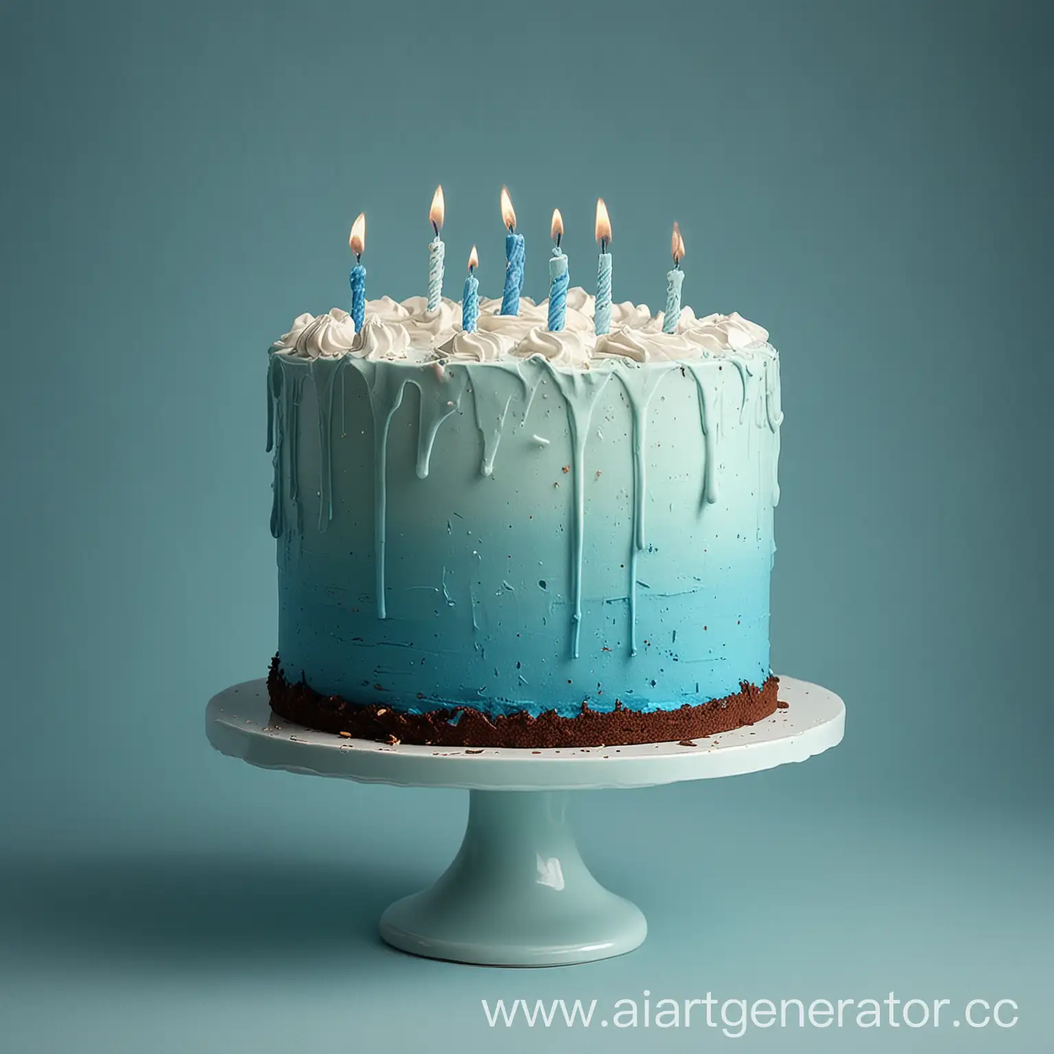 Сгенерируй одноярусный веселый торт сине-голубого цвета на фоне чего-то не сильно невзрачного