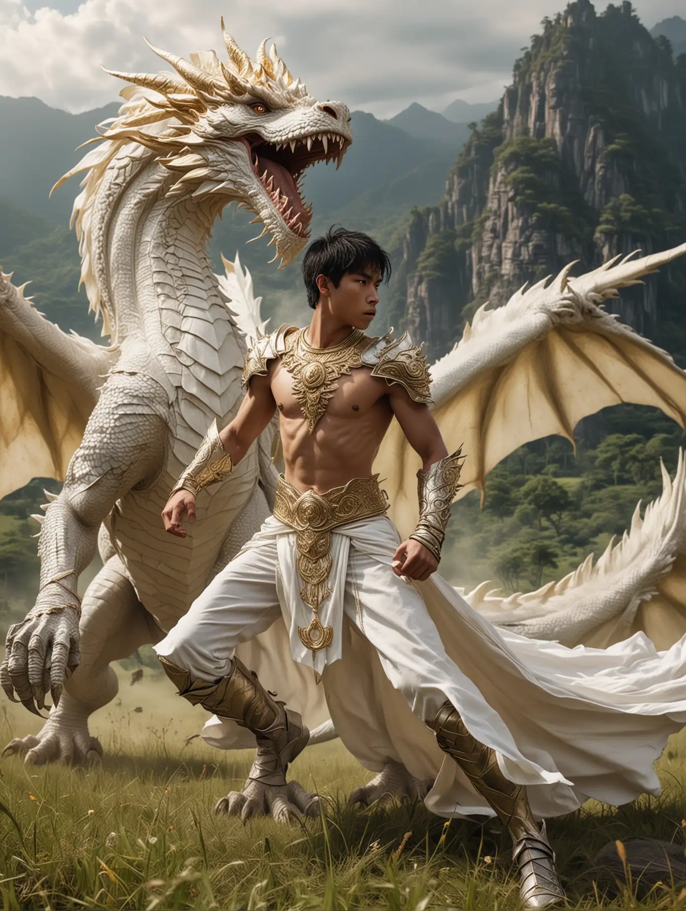 a bare-chested, white-skinned 15-year-old Indonesian male knight wearing white cloth and gold jewelry fights a giant white dragon in the grassland under the mountain
