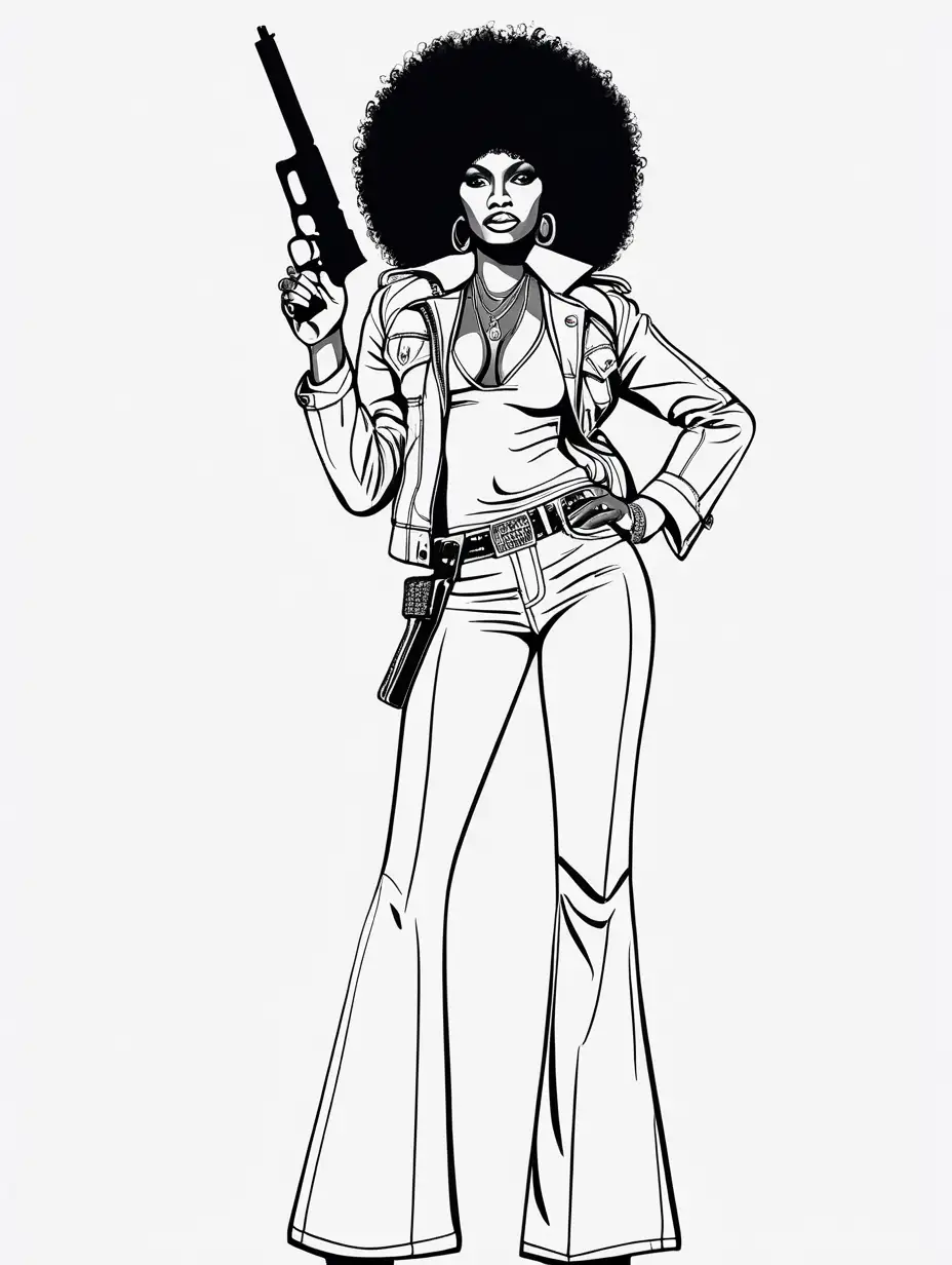 Ink line art style. Pam Grier as Foxy Brown. Full body image. Big Afro. Blaxploitation image. Holding a gun.