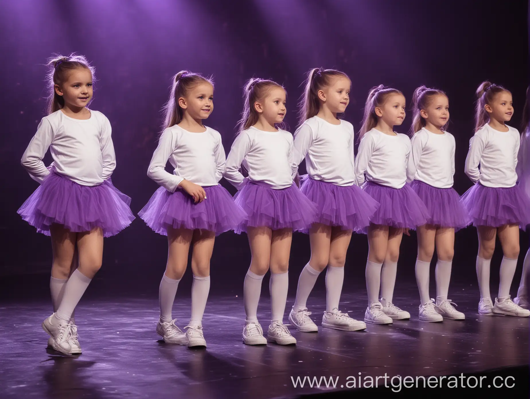 Большая сцена, темный фон с ярким фиолетовым светом. Много девочек на сцене шести лет танцуют, в фиолетовых фатиновых юбках, фиолетовых коротких лосниах и белых лонгсливах, в белых кроссовках.  На голове хвост из волос.