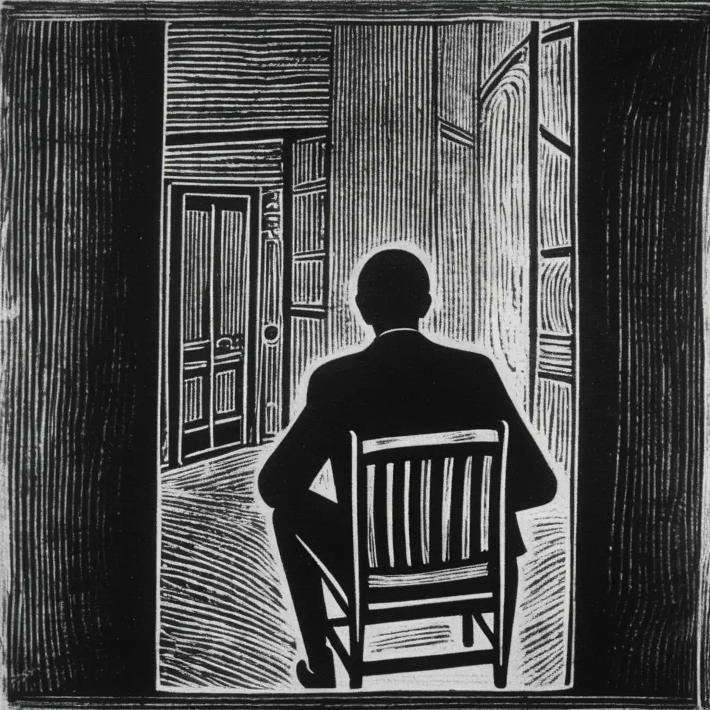 German Expressionism Man Sitting on Chair Poor Quality Woodcut