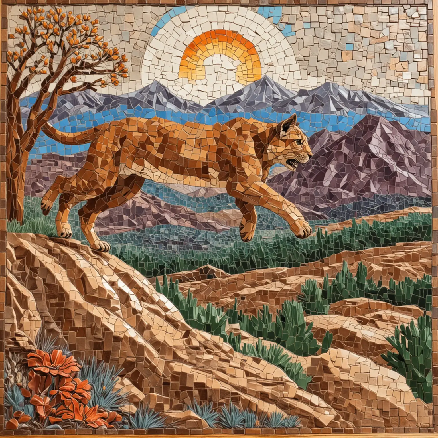 Mosaic with mountains in New Mexico in the background  made from flat ceramic tiles and a wood  relief carved  mountain lion jumping off a rock.  