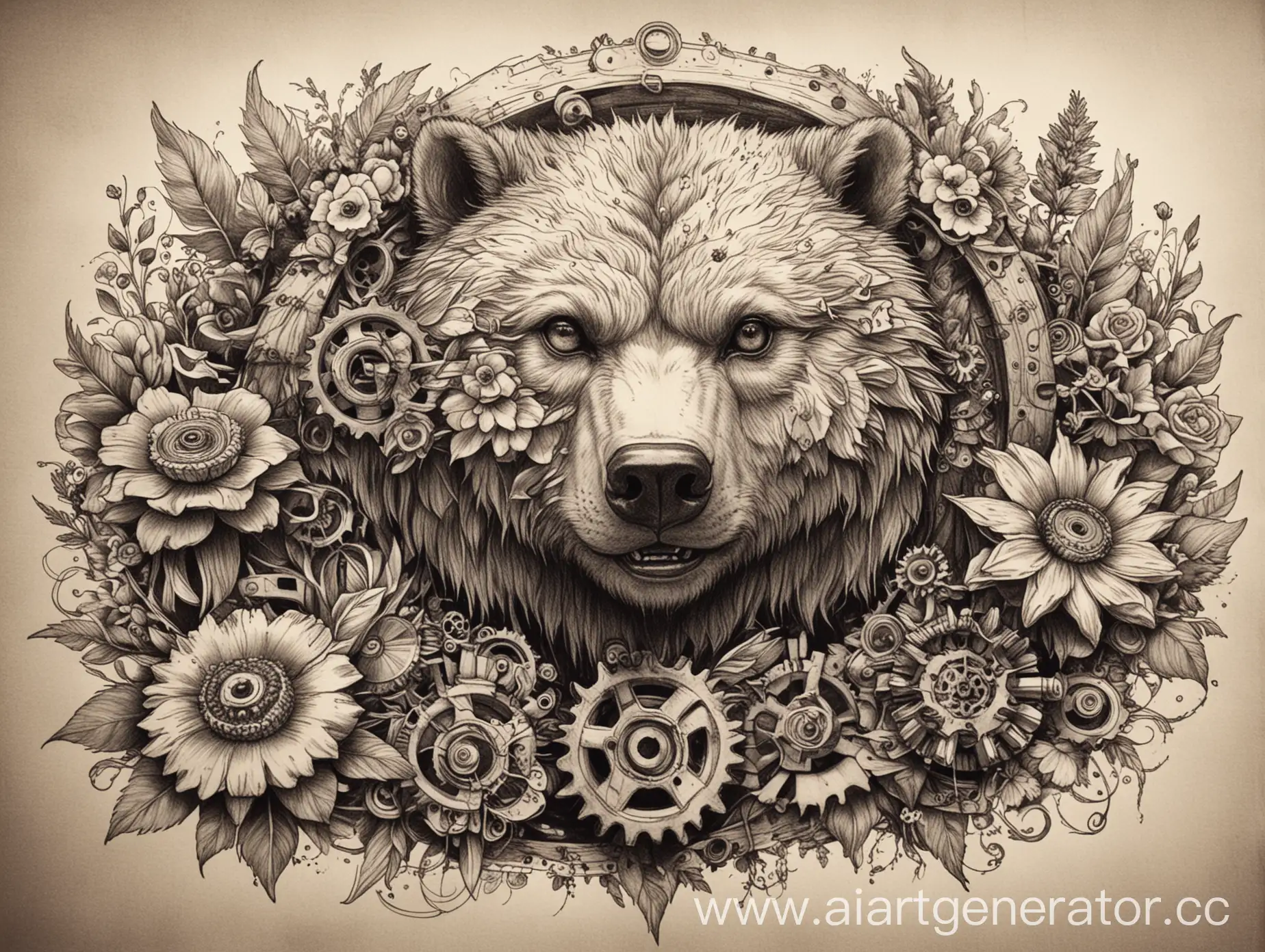 эскиз,медведь,волк,шестеренки,цветы
