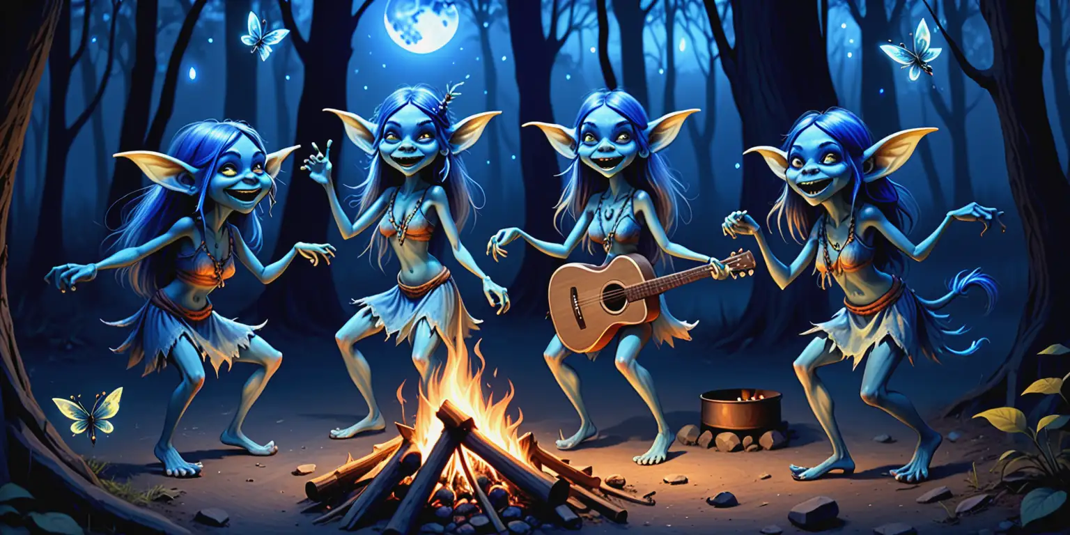 Female Blue hippie goblins, dancing around campfire, Blue moonlight, blue shadows, blue fireflies