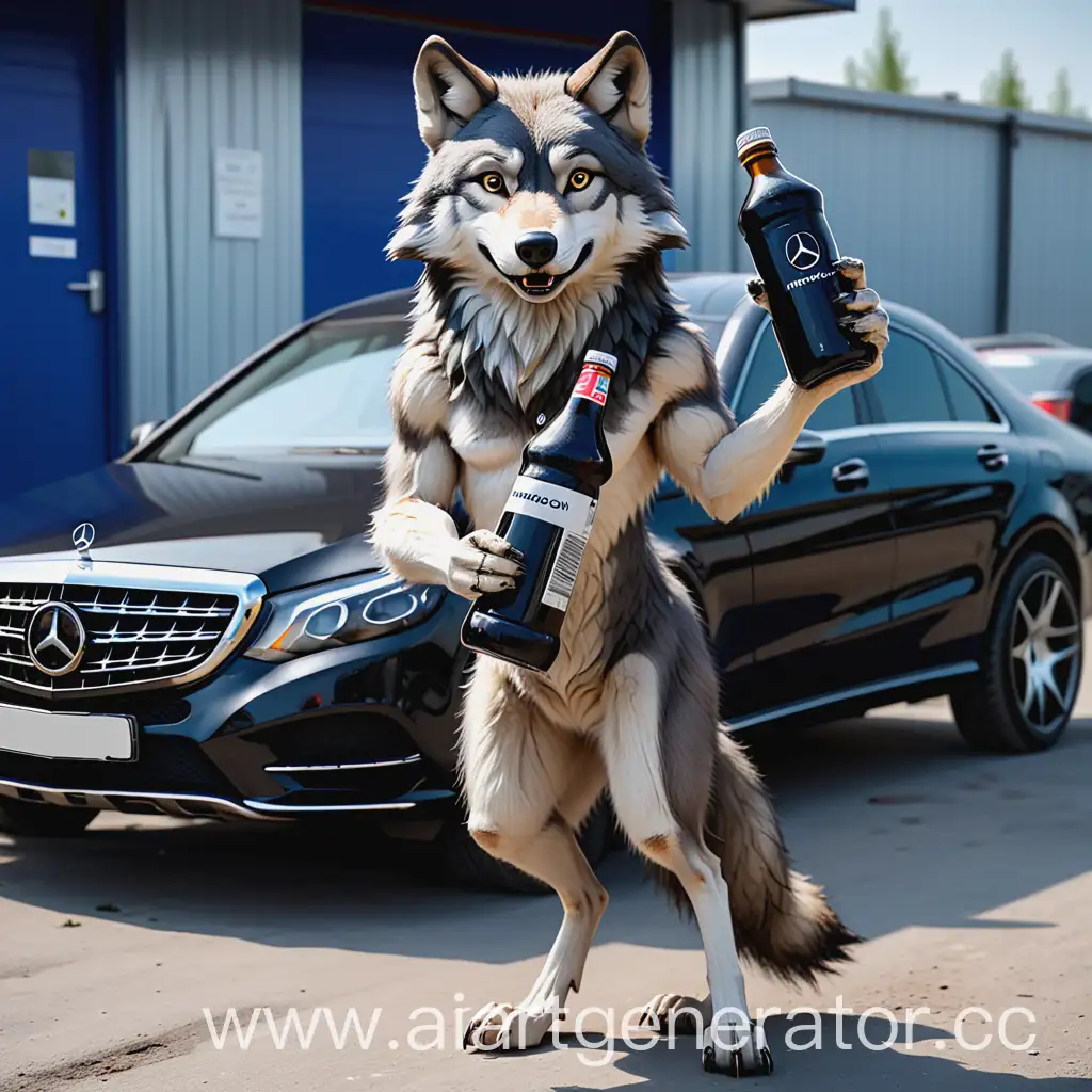 волк передними лапами держит бутылку самогона, стоит на задних лапах  и опирается на черную машину- мерседес 
которая стоит в автомастерской на смену автозапчастей
