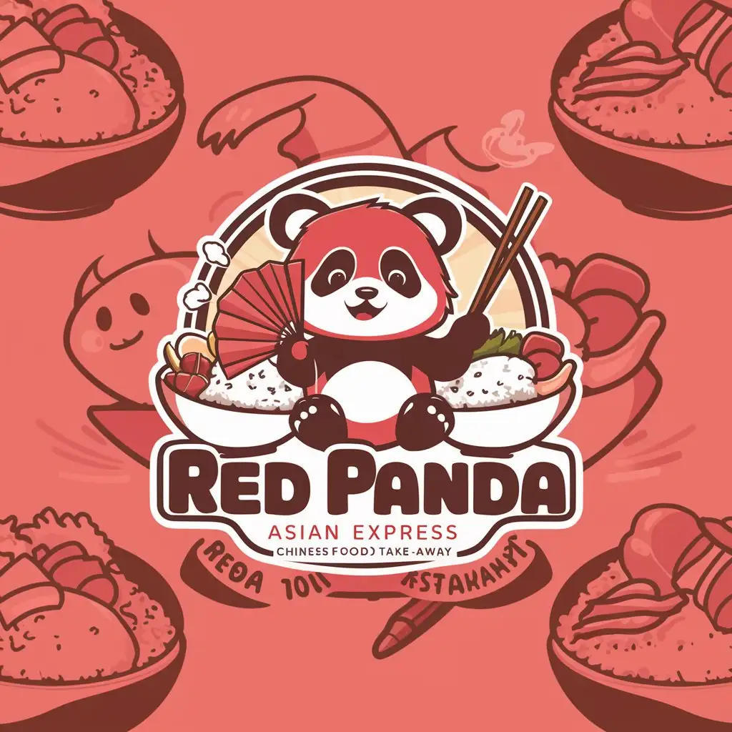 a logo design,with the text "Red Panda Asian Express", main symbol: Create a logo for a Chinese fast food restaurant named "Red Panda Asian Express". The primary colors should be soft red and black. The logo and brand book should focus on a Chinese fast food restaurant with a take-away concept. It should include illustrations of red fans, red chopsticks, and a rice bowl (with optional toppings). Include a happy, excited, or cute red panda mascot/character. Ensure the design has a warm presence.,Moderate,be used in Chinese fast food restaurant industry,clear background