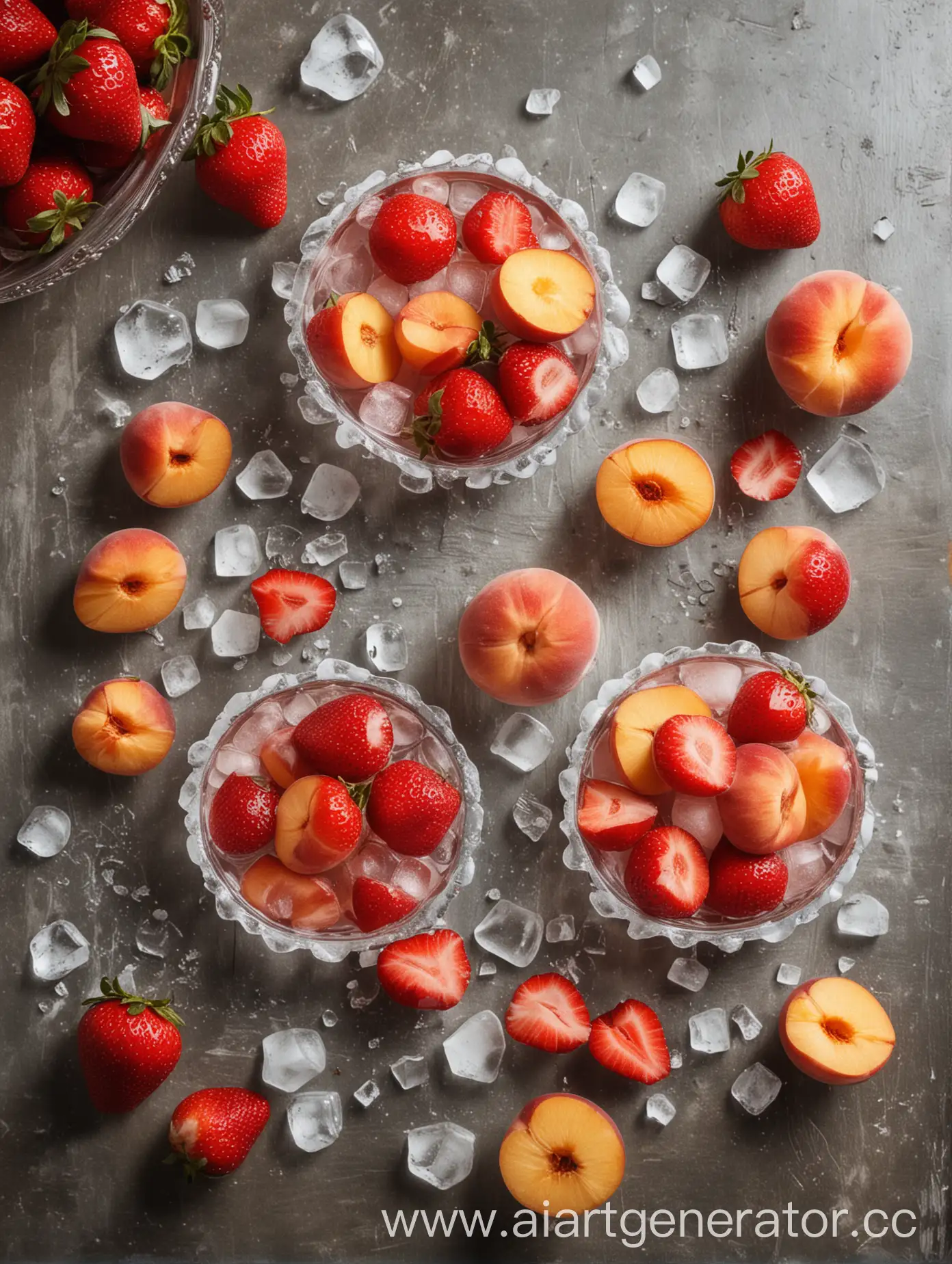 Fresh-Strawberries-Peaches-and-Clear-Ice-on-a-Table