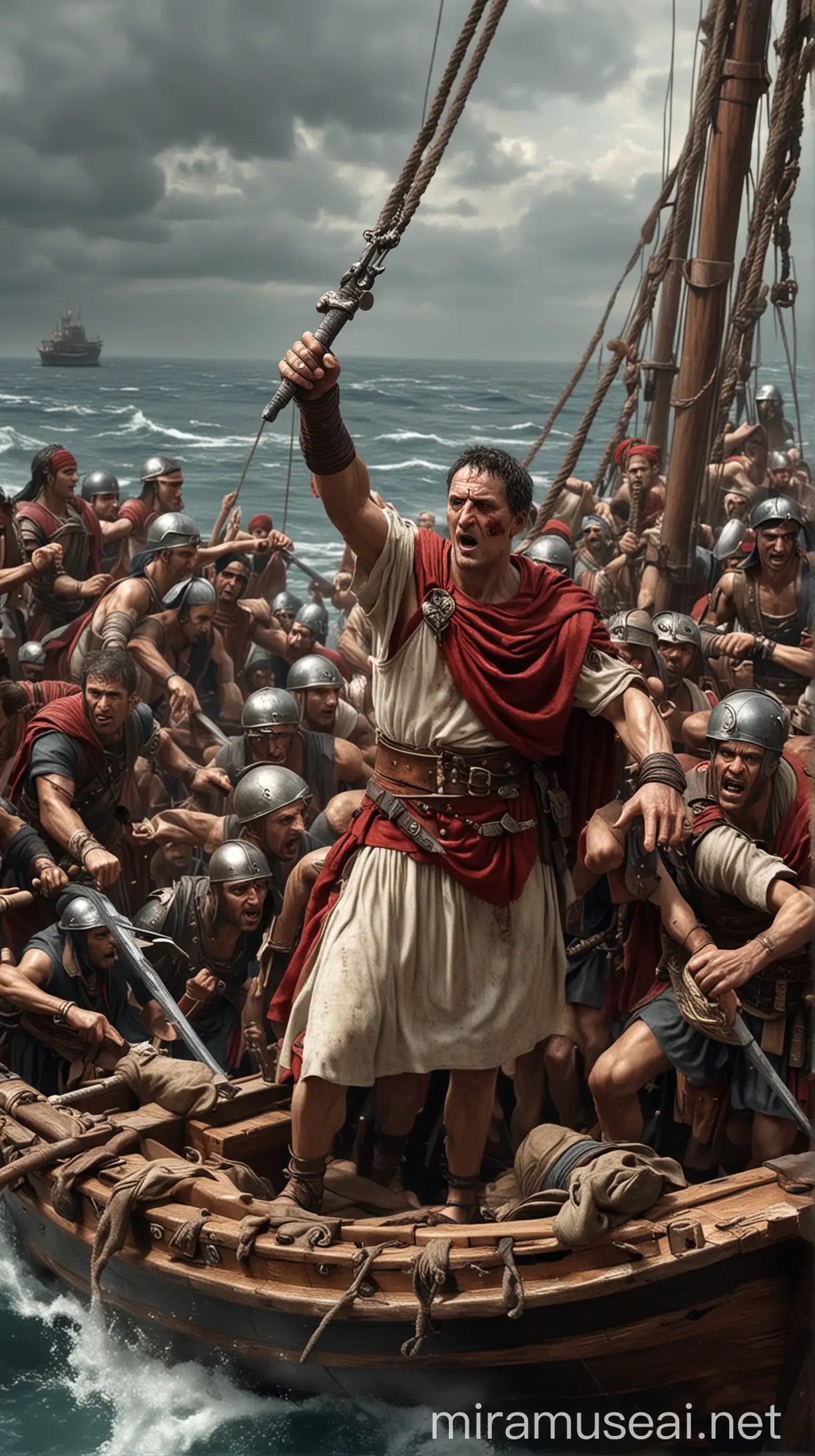 Julius Caesar being ambushed and captured by Cilician pirates on his ship. hyper realistic