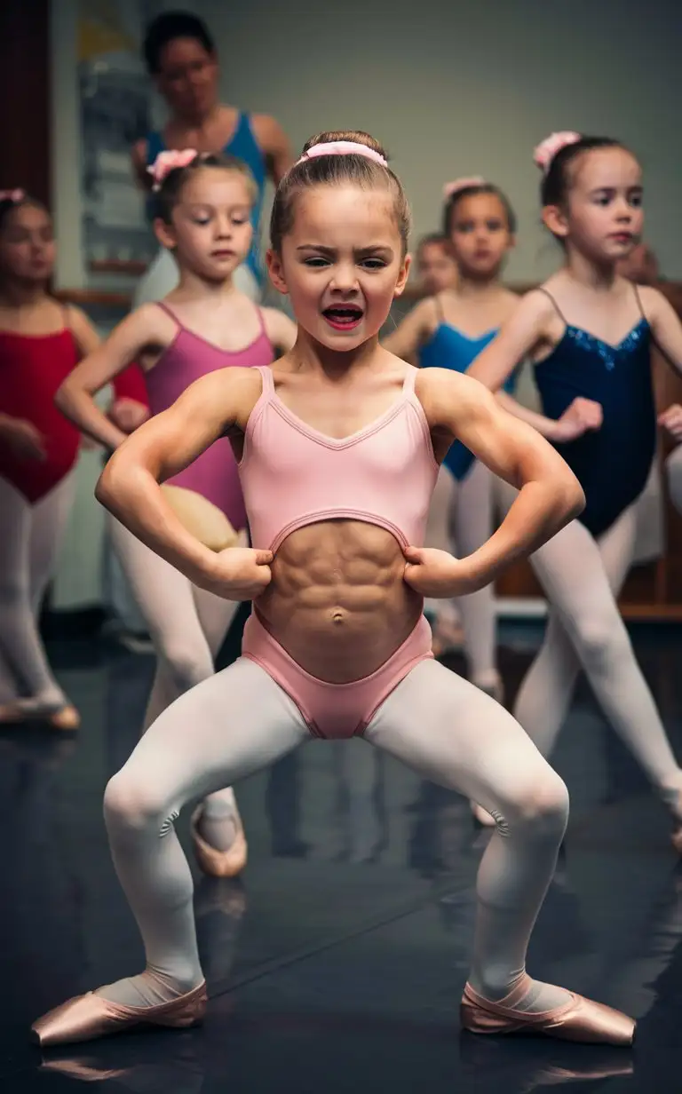 8 years old irish ballerina, muscular, showing her belly, at ballet class