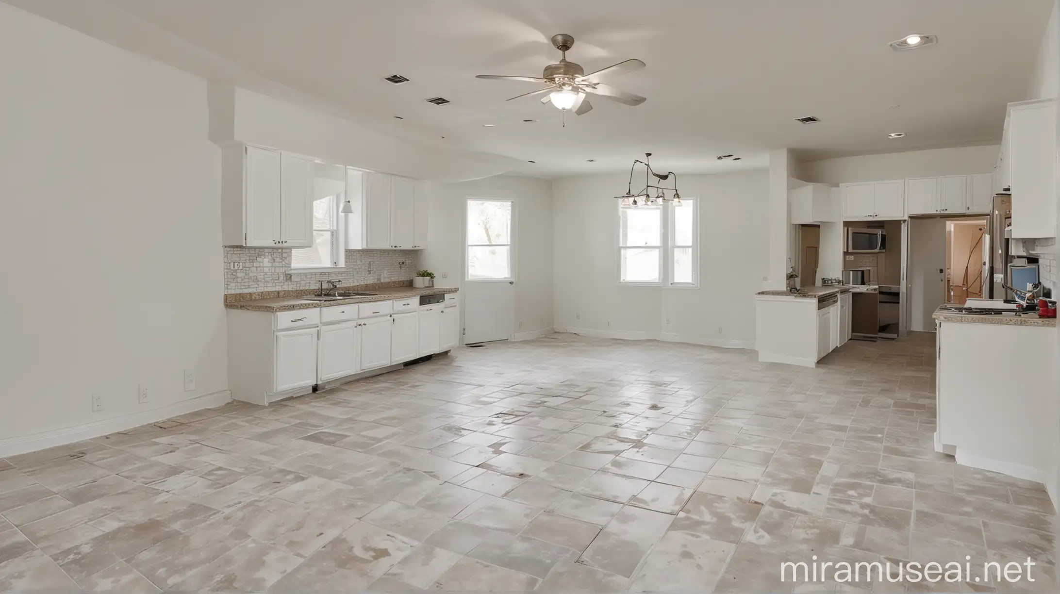 Dapur kosong dengan dinding putih, lantai ubin, dan meja dapur. 