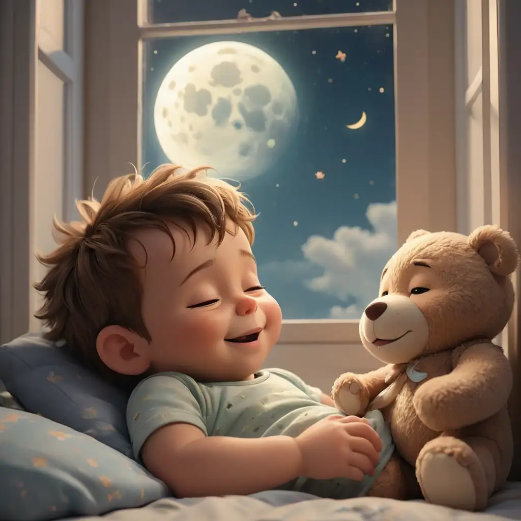 A profile display picture for a kids sleeping music channel on spotify with a 3d cartoon baby sleeping and smiling in an ambient lighting inside room holding a cute teddy bear
near a window with moon in the background 