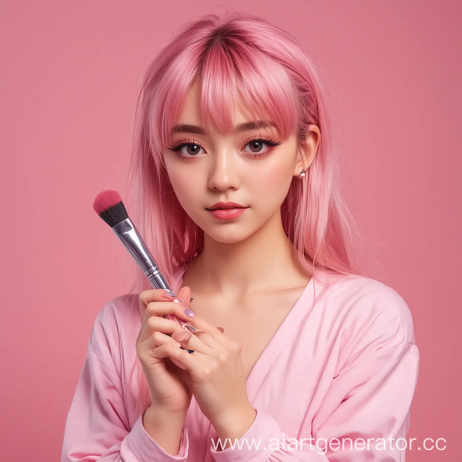 Милая аниме девочка держит в руках кисть для макияжа на розовом фоне