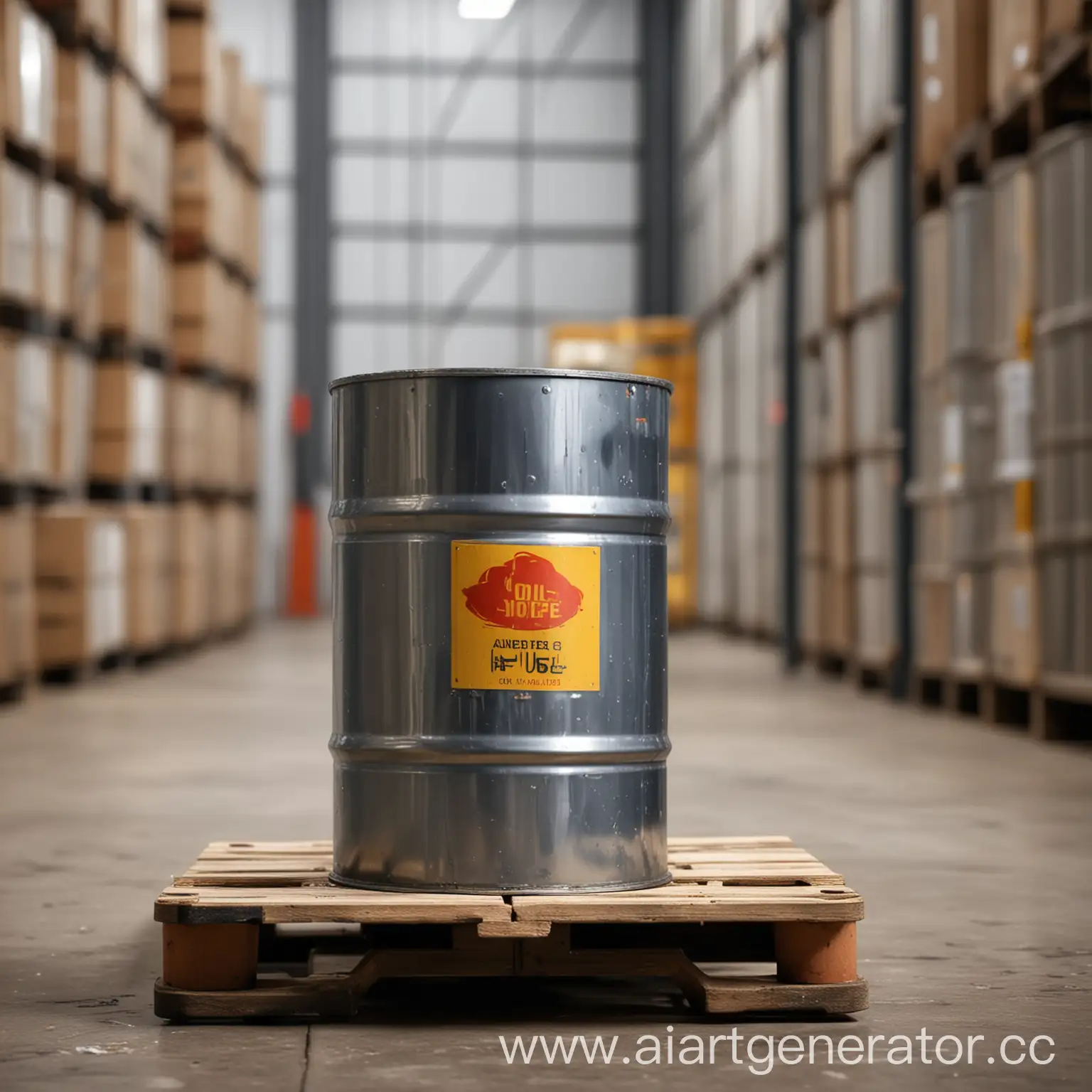 1 metal barrel with oil on a pallet, a blurred background of a light warehouse of lubricants with a sign "OIL TRADE"