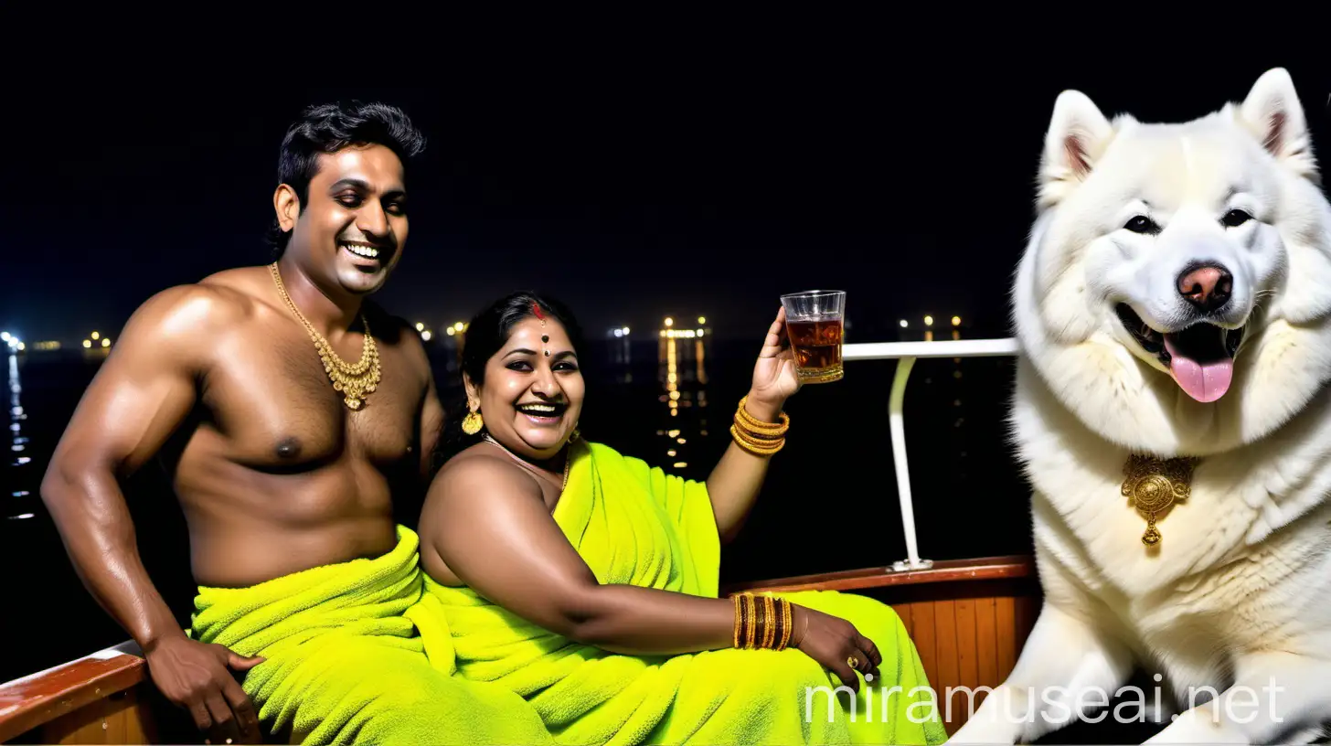a 23 years indian muscular man with bull head is sitting with a 43 years  indian mature fat woman  with makeup wearing earrings and gold ornaments   with boob cut style   . both are wearing wet neon lemon bath towel and   on a lunch boat ,and are happy and laughing. and a Samoyed
Dog breed is near them. they are in a  sea . its a night  time and lights are there. its raining . they are standing and drinking Whiskey.

