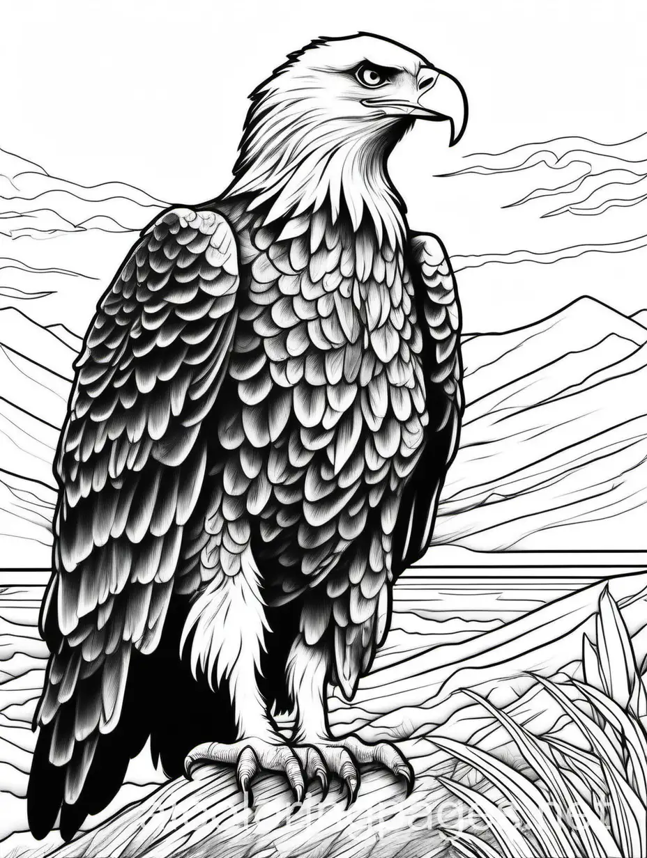 Eagle at sunset, isolated, regal, majestic, dramatic, elaborate, white background, fine art, line art, masterpiece, black and white, black and white, white background, Simplicity, Ample White Space. The outlines of all the subjects are easy to distinguish, Coloring Page, black and white, line art, white background, Simplicity, Ample White Space. The background of the coloring page is plain white to make it easy for young children to color within the lines. The outlines of all the subjects are easy to distinguish, making it simple for kids to color without too much difficulty