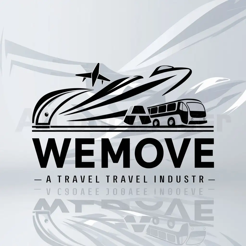 a logo design,with the text "WeMove", main symbol:train, avion, bus,complex,be used in Travel industry,clear background