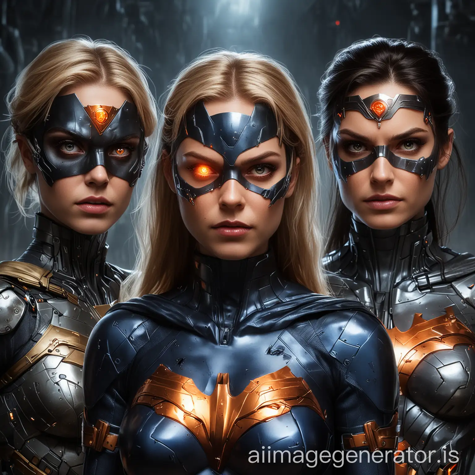 An evil machine infects three female superheroes (batgirl, supergirl and Wonder Woman), taking over their bodies and minds and turning them into evil cyborgs. mind control. cyborg. trance. eye patch. borg.  cybernetic augmentations all over their faces and bodies. glowing orange eyes