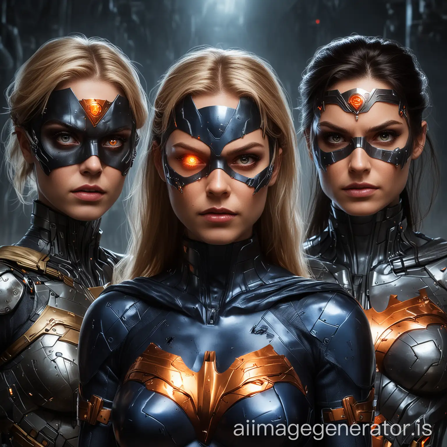 
 An evil machine infects three female superheroes (batgirl, supergirl and Wonder Woman), taking over their bodies and minds and turning them into evil cyborgs. mind control. cyborg. trance. eye patch. borg.  cybernetic augmentations all over their faces and bodies. glowing orange eyes
 