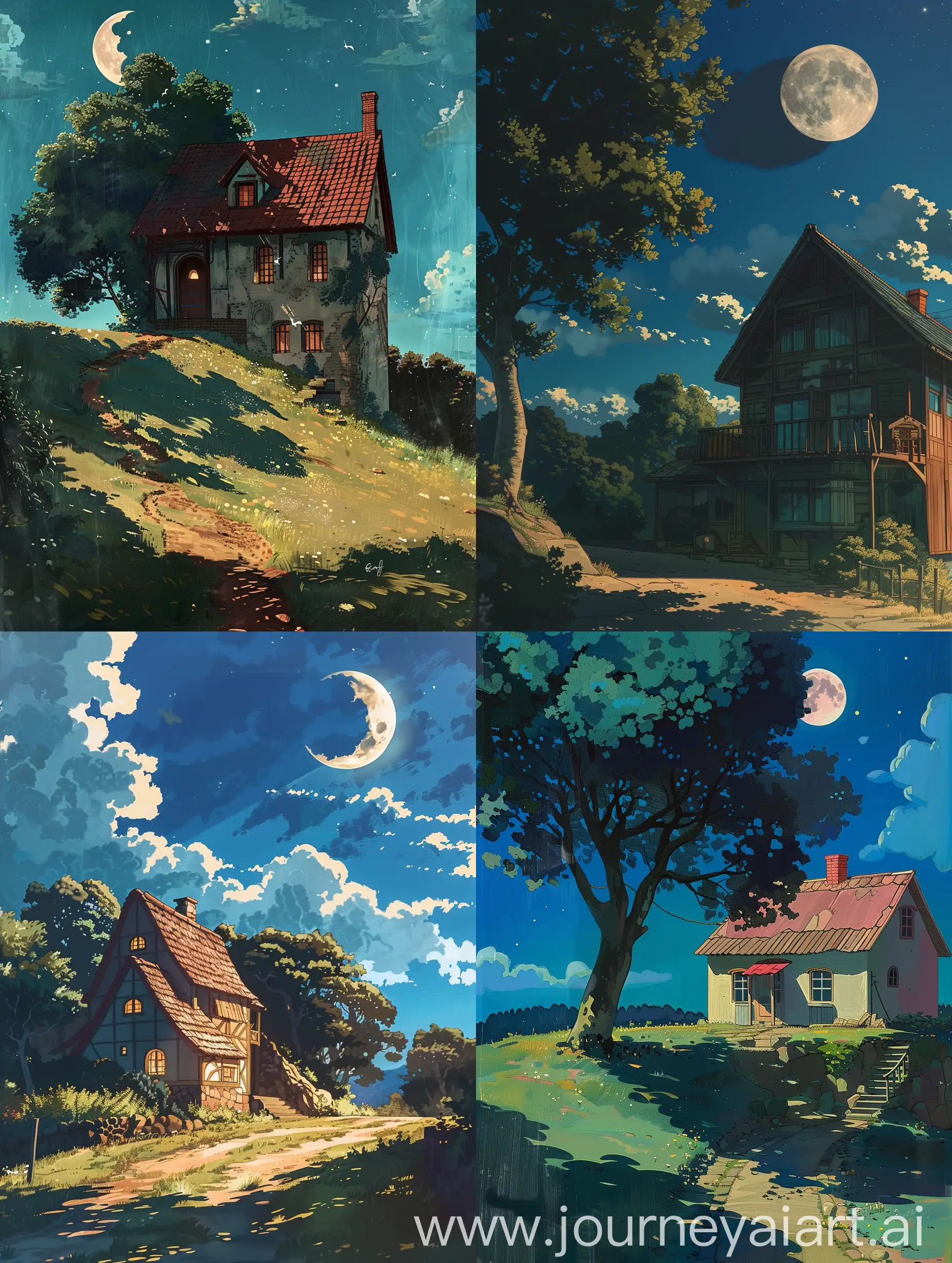 Cozy-House-Near-Hill-under-Moonlight-in-Studio-Ghibli-Anime-Style