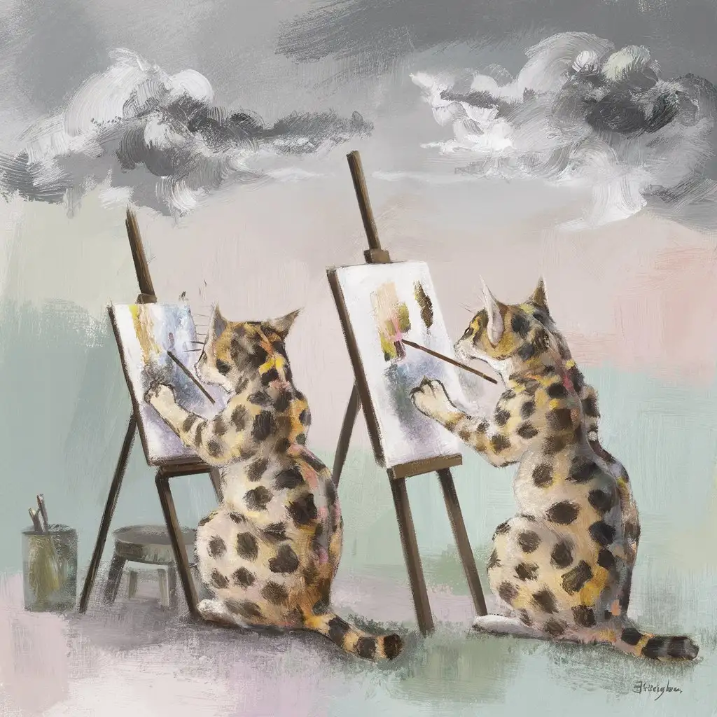 An abstract painting in soft, pastel colours. Two cats, they are spotted, they are painting on the easels, behind them are grey clouds
