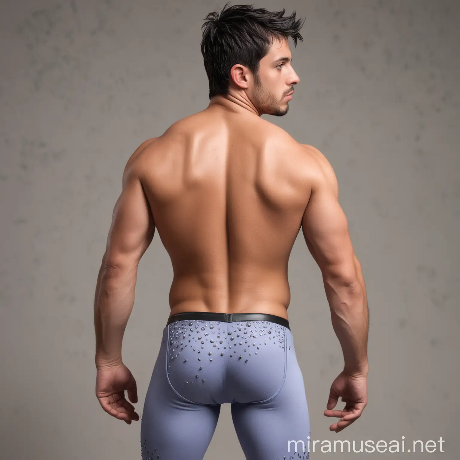 Charming dorky shirtless muscular 28 year old male Argentine wrestler, with short black hair with little spikes, slight tanned skin; grey eyes; no-facial beard; wearing long greyish-periwinkle spandex leggings (with horse detailed), well defined  prominent ripped buttocks, rear view