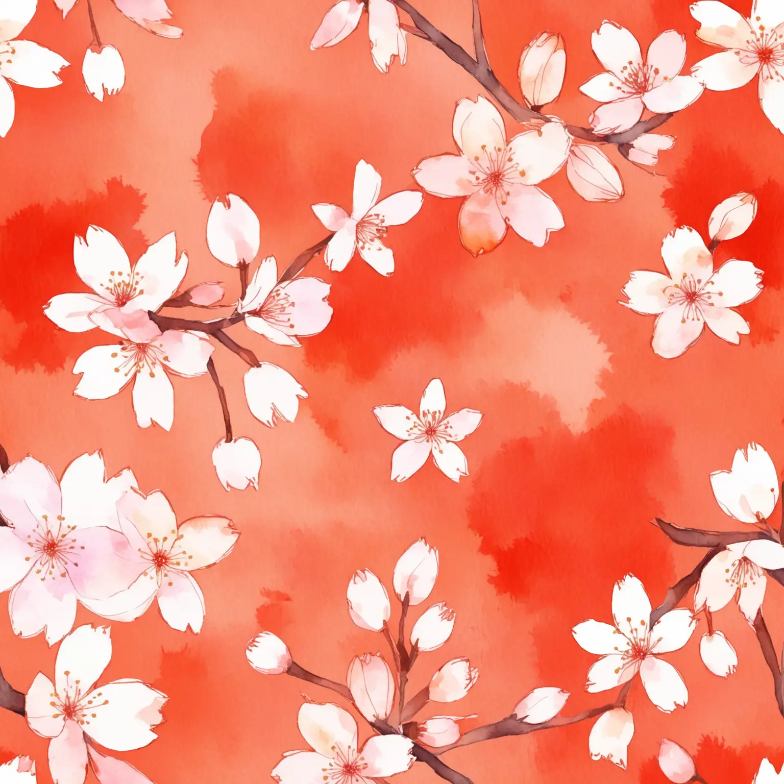 create a watercolor seamless floral pattern of red-orange, cherry blossom white on blush color