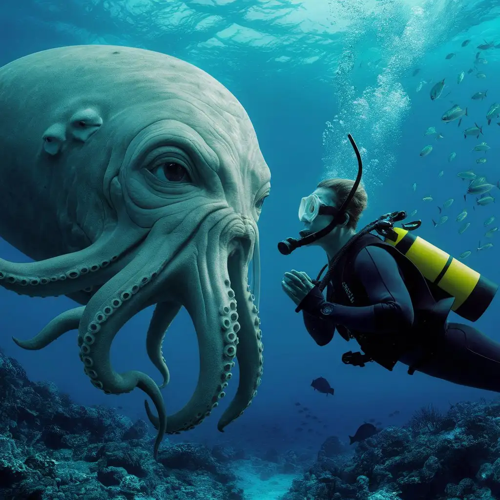 A diver encountering a giant sea creature