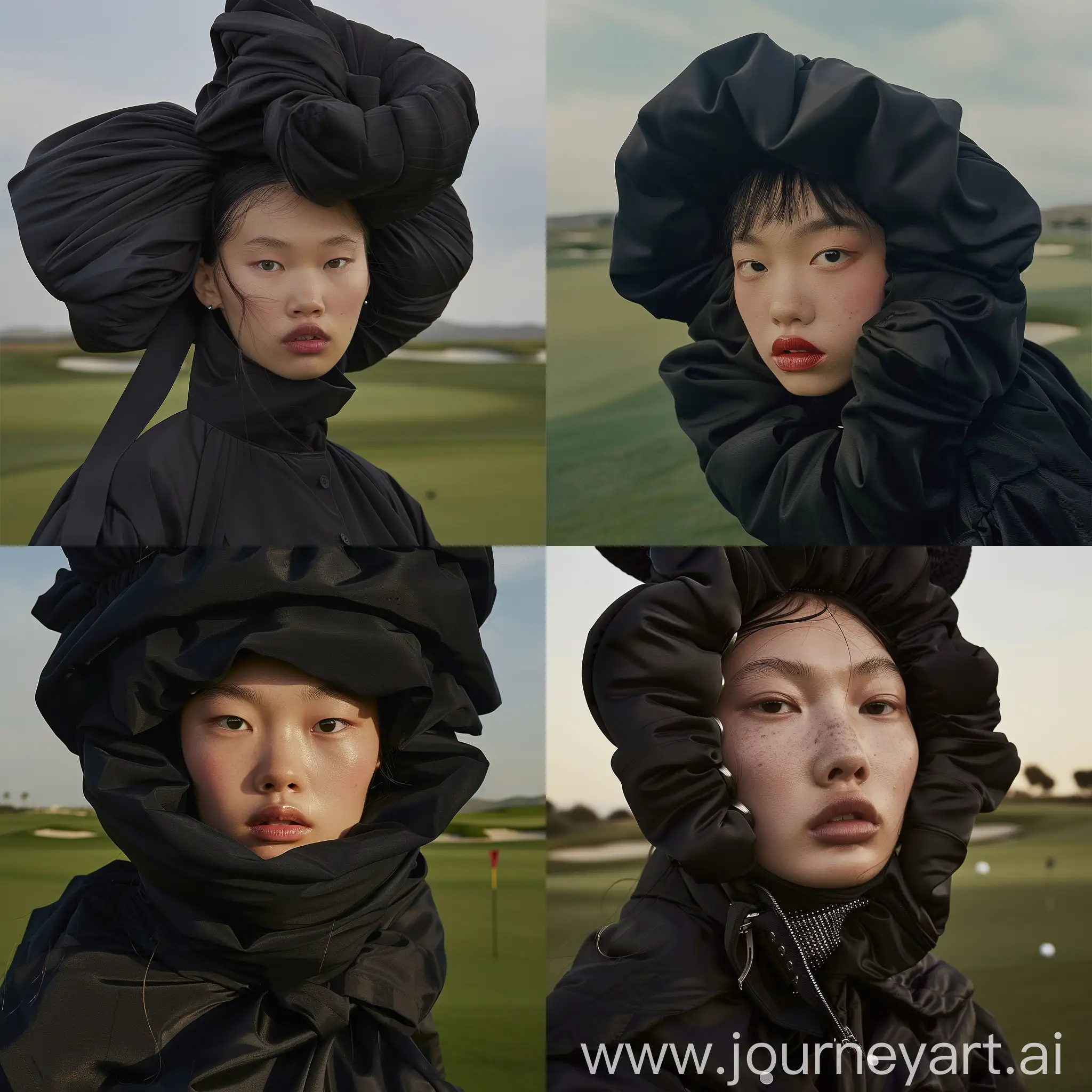 a high resolution photo of a female oriental balenciaga models wearing a unique oversized black fashion, 8k resolution, detailed faces, close up, on poses on a golf fields, blurry --ar 1:1 