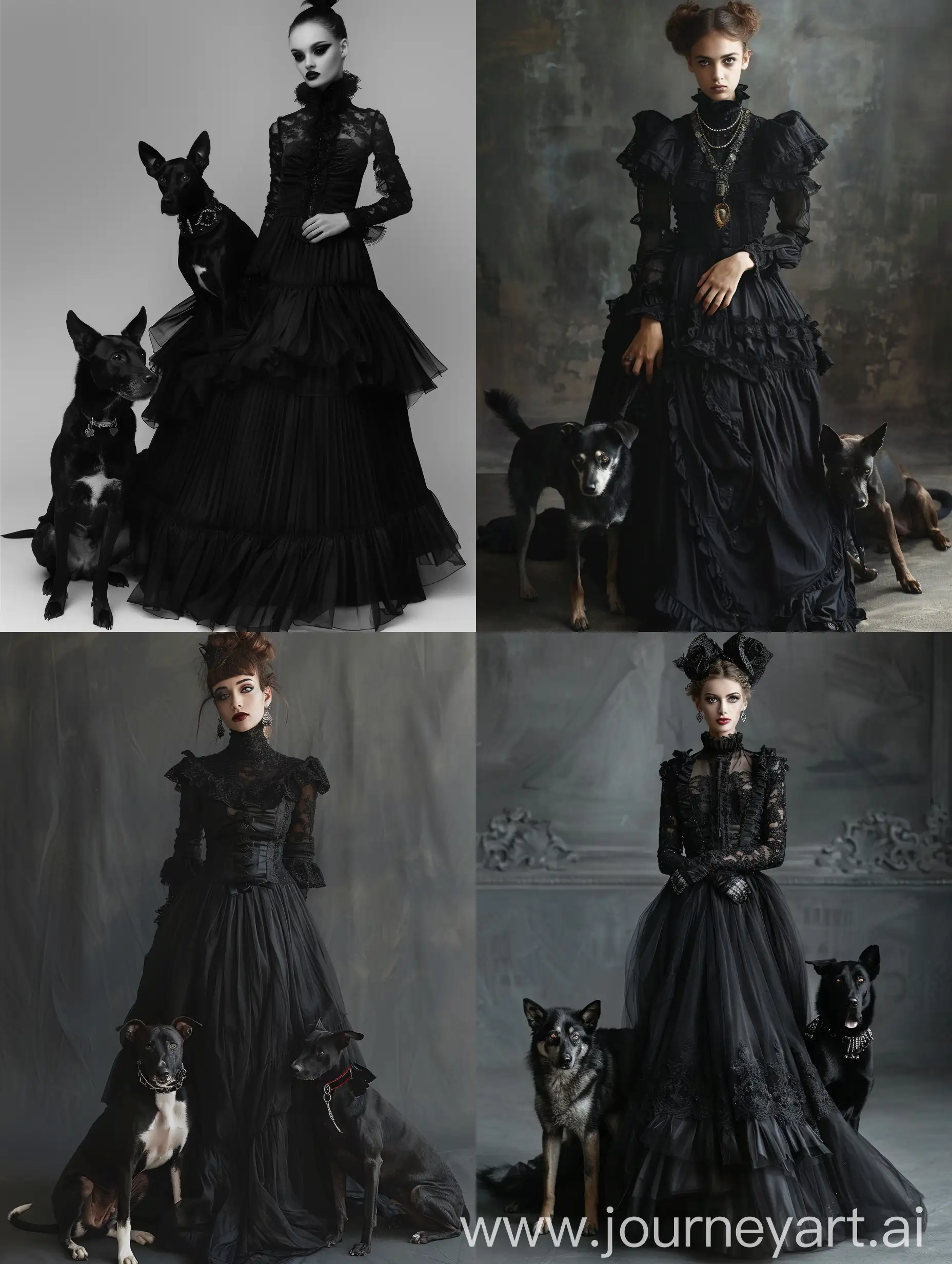 Arafaed-Woman-in-Black-Dress-with-Two-Dogs-Inspired-by-Hedi-Xandt