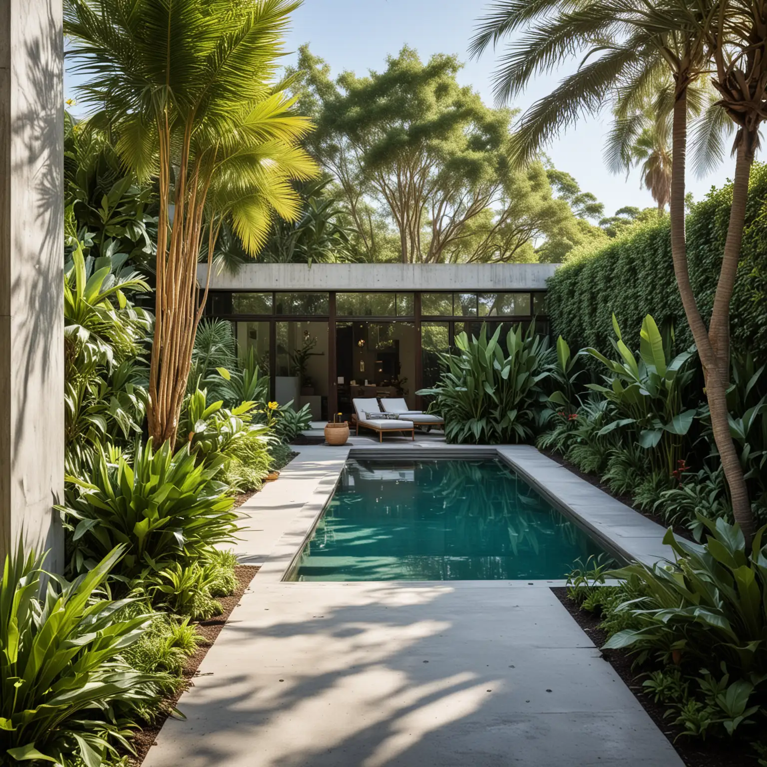 a long shot of modern outdoor garden with a symmetrical layout centered around a large rectangular reflecting pool. Incorporate tall palm trees and bird-of-paradise plants for a tropical touch. Use smooth concrete for the pathways and integrate a minimalist wooden gate at the entrance. The garden includes a container house with a rooftop terrace, providing an elevated view of the lush greenery. Set this scene on a warm, sunny afternoon, with vibrant green foliage and the pool reflecting the clear blue sky, enhanced by strategically placed solar-powered lights.spaces.