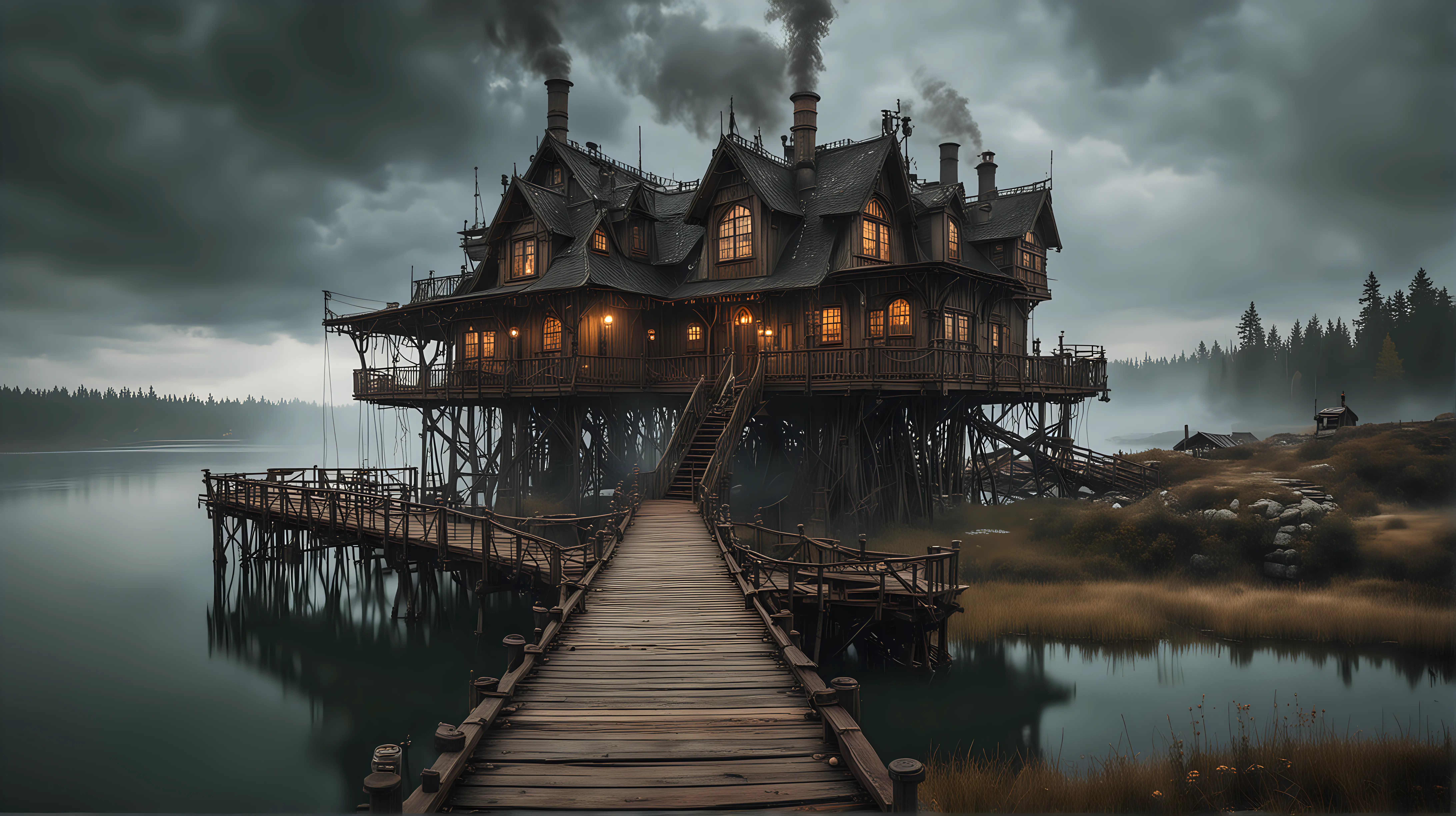 a steampunk house on the wild lake shore with a long wooden footbridge, cloudy, almost dark, much steam and smoke