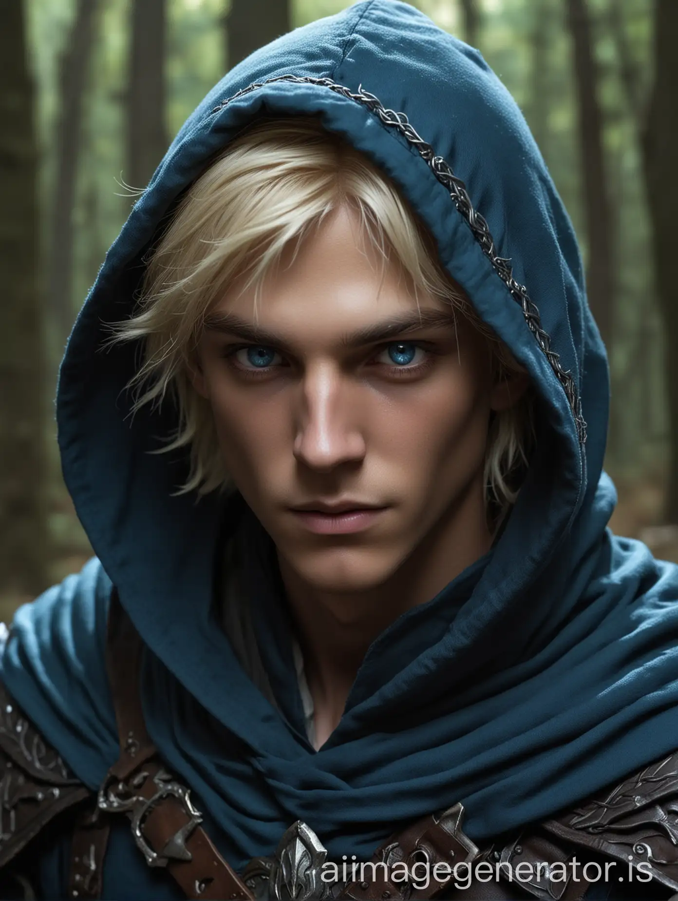 young  male ,light-dark skined ,elven rogue with blonde hair and a height oh 1.75cm , hooded in a dark forest , make the color of his eyes blue