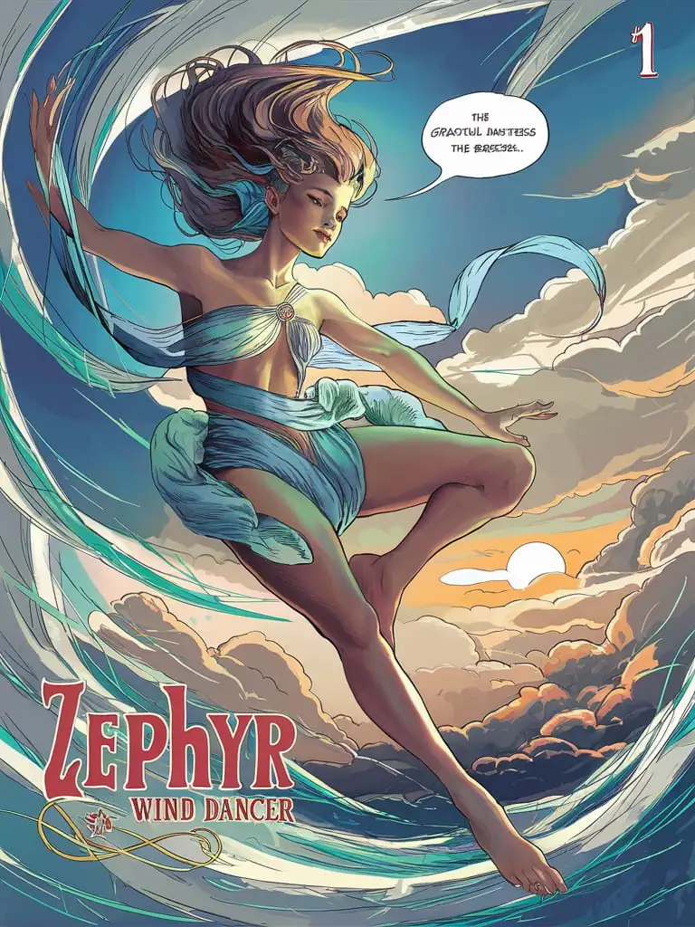  "Cover Design for 'New Blood Collectables' Comic Book: "Zephyr, the Wind Dancer" on FSC-certified uncoated matte paper, 80 lb (120 gsm), with a slightly textured surface. The cover art features a dynamic illustration of Zephyr dancing in the air with wind currents swirling around her. Tagline: "The agile maiden of the breeze"."