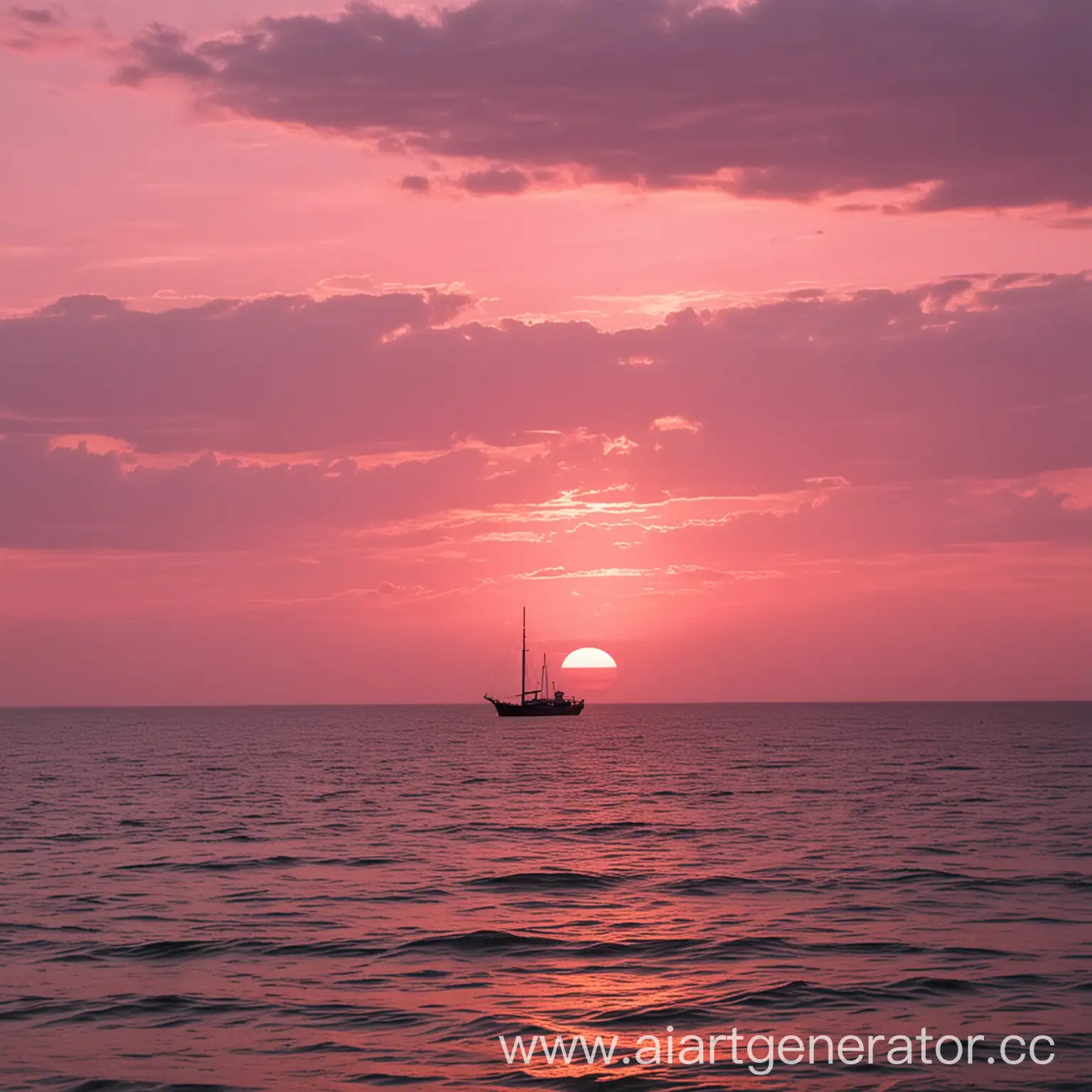 pink sunset on the sea with a ship