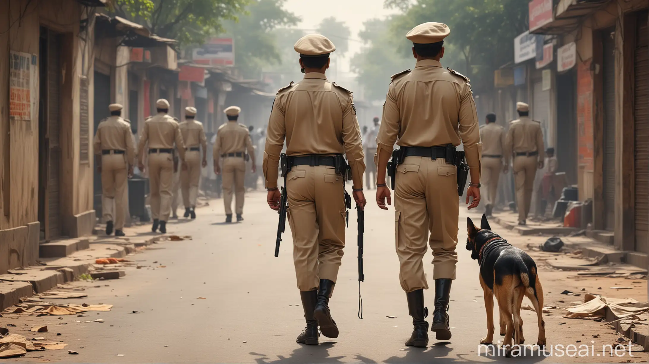 realistic ai image: indian police men wear khake dress, walking in street of delhi, shot from behind, Add a police dog in the scene

